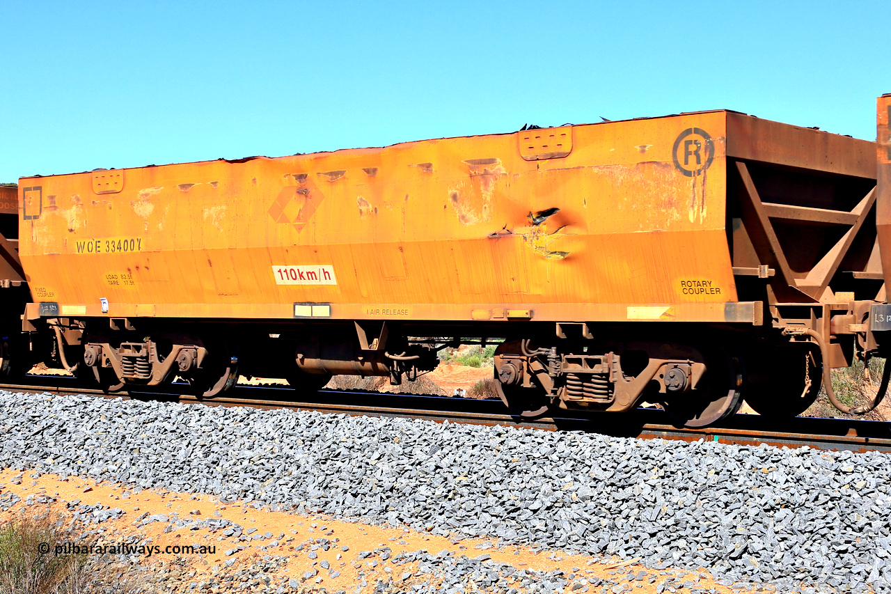 240328 2940
WOE type iron ore waggon WOE 33400 is one of a batch of one hundred and forty one built by United Group Rail WA between November 2005 and April 2006 with serial number 950142-105 and was fleet number 899 before getting the Aurizon yellow sides and logo. In Mineral Resources traffic 5040 empty Mount Walton iron ore train. March 28, 2024.
Keywords: WOE-type;WOE33400;United-Group-Rail-WA;950142-105;