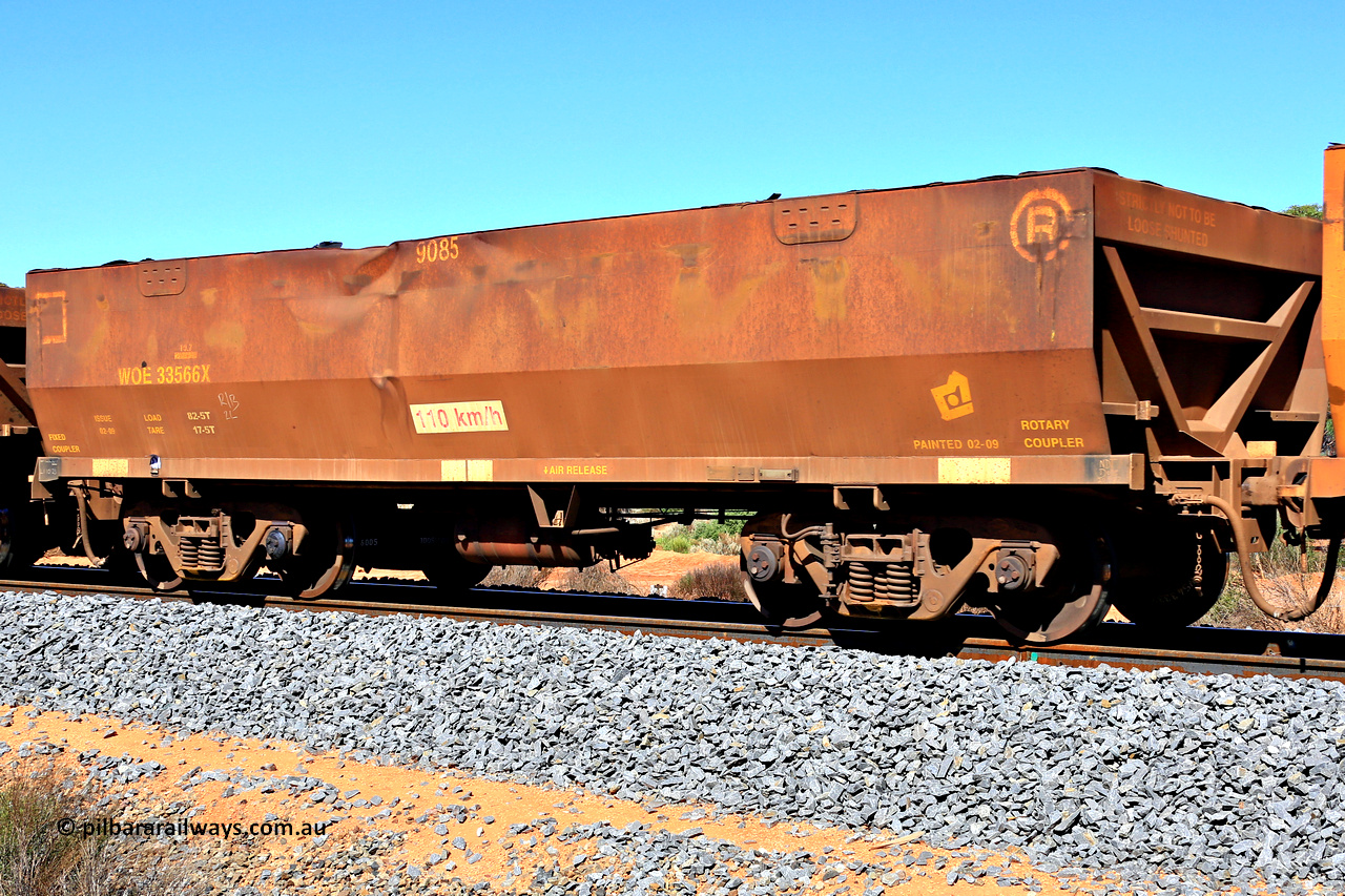 240328 2941
WOE type iron ore waggon WOE 33566 is one of a batch of one hundred and twenty eight built by United Group Rail WA between August 2008 and March 2009 with serial number 950211-106 and fleet number 9085, in Mineral Resources traffic 5040 empty Mount Walton iron ore train. March 28, 2024.
Keywords: WOE-type;WOE33566;United-Group-Rail-WA;950211-106;