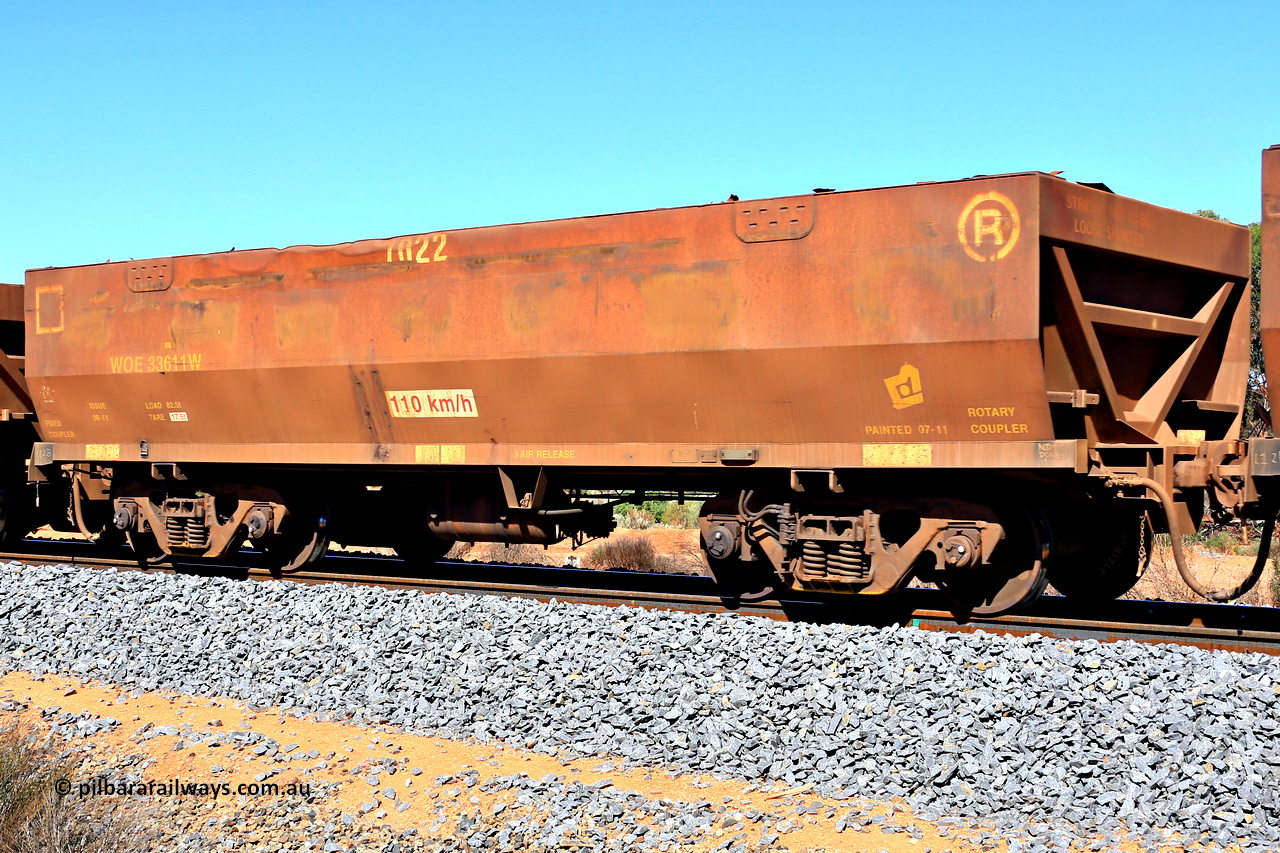 240328 2943
WOE type iron ore waggon WOE 33611 is from a batch of two hundred and twenty seven built by UGL Rail WA between from 08-2011 and 02-2012 of the current style of 82.5 tonne load capacity WOE class waggons and with fleet number 7022, in Mineral Resources traffic 5040 empty Mount Walton iron ore train. March 28, 2024.
Keywords: WOE-type;WOE33611;UGL-Rail-WA;R0067-023;