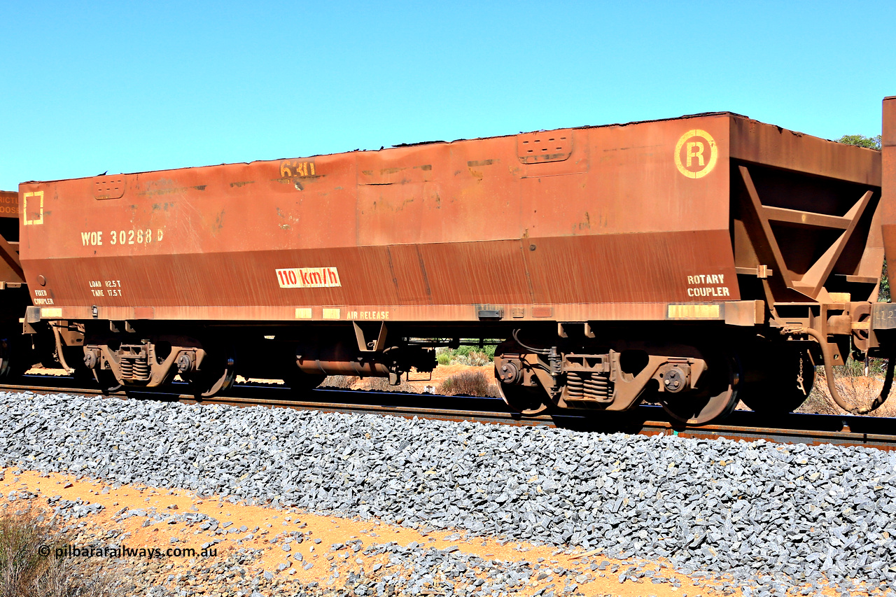 240328 2944
WOE type iron ore waggon WOE 30288 is one of a batch of one hundred and thirty built by Goninan WA between March and August 2001 with serial number 950092-038 and fleet number 630, in Mineral Resources traffic 5040 empty Mount Walton iron ore train. March 28, 2024.
Keywords: WOE-type;WOE30288;Goninan-WA;950092-038;