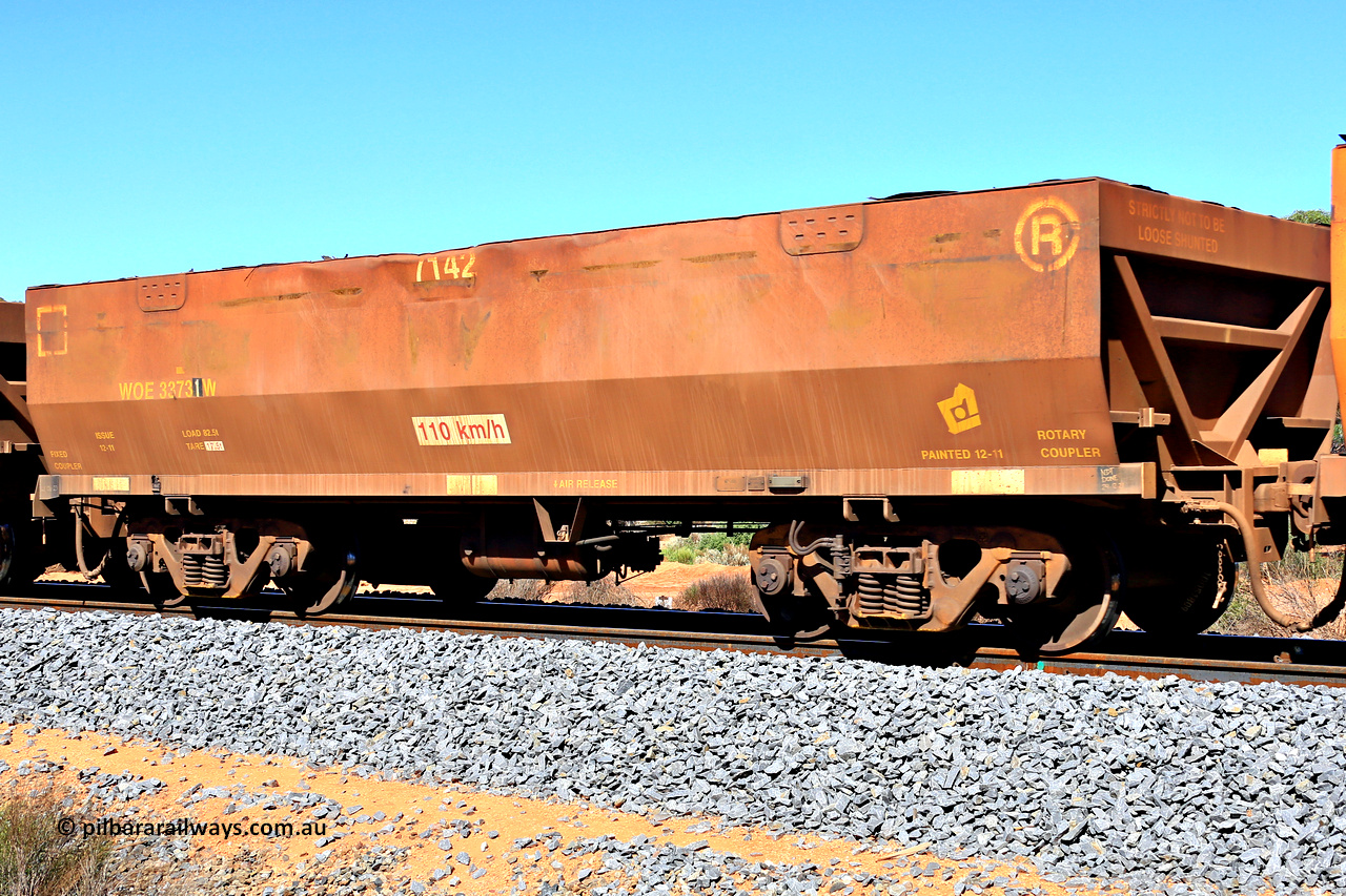 240328 2948
WOE type iron ore waggon WOE 33731 is from a batch of two hundred and twenty seven built by UGL Rail WA between from 08-2011 and 02-2012 of the current style of 82.5 tonne load capacity WOE class waggons with fleet number 7142, in Mineral Resources traffic 5040 empty Mount Walton iron ore train. March 28, 2024.
Keywords: WOE-type;WOE33731;UGL-Rail-WA;R0067-143;