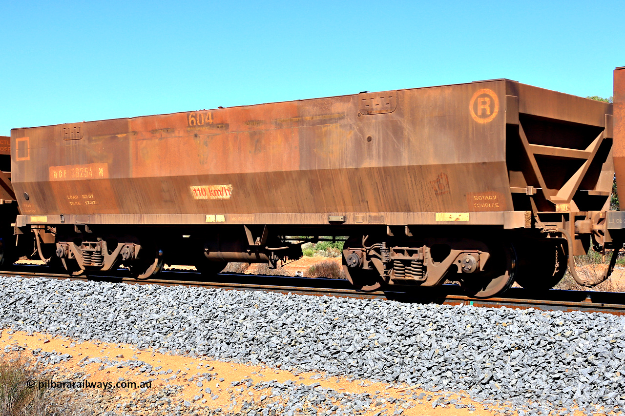 240328 2949
WOE type iron ore waggon WOE 30254 is one of a batch of one hundred and thirty built by Goninan WA between March and August 2001 with serial number 950092-004 and fleet number 604, in Mineral Resources traffic 5040 empty Mount Walton iron ore train. March 28, 2024.
Keywords: WOE-type;WOE30254;Goninan-WA;950092-004;
