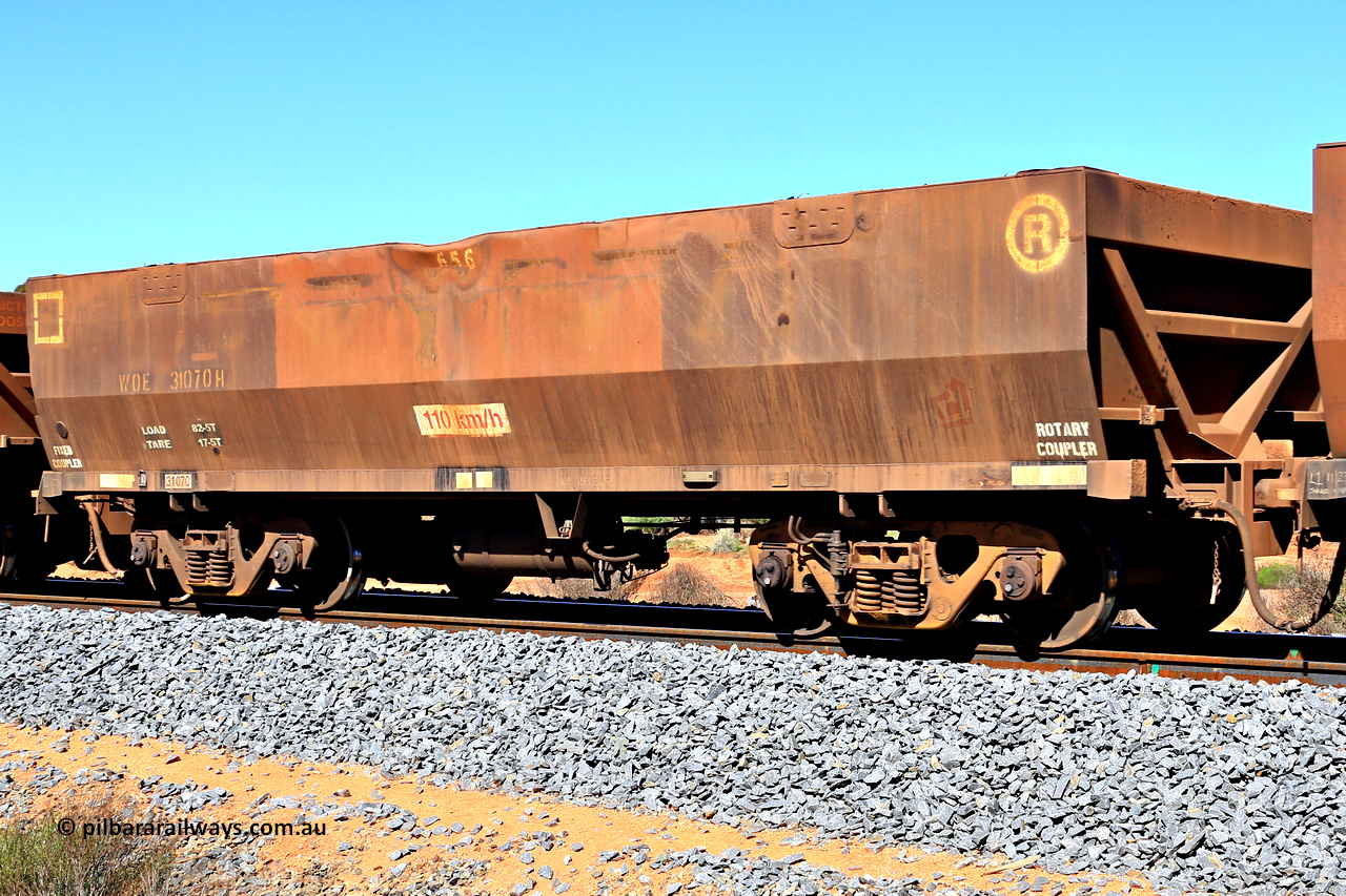 240328 2952
WOE type iron ore waggon WOE 31070 is one of a batch of one hundred and thirty built by Goninan WA between March and August 2001 with serial number 950092-060 and fleet number 656, in Mineral Resources traffic 5040 empty Mount Walton iron ore train. March 28, 2024.
Keywords: WOE-type;WOE31070;Goninan-WA;950092-060;