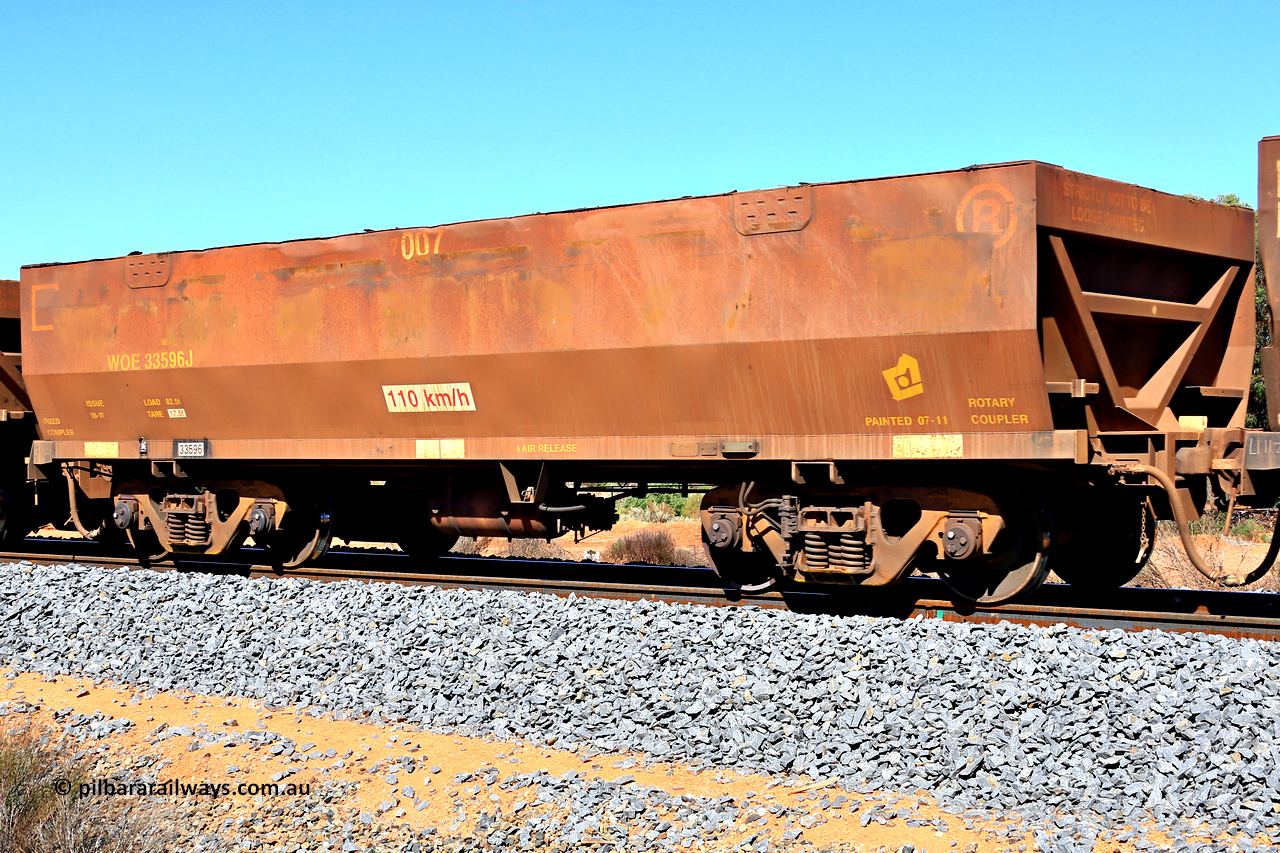 240328 2953
WOE type iron ore waggon WOE 33596 is from a batch of two hundred and twenty seven built by UGL Rail WA between from 08-2011 and 02-2012 of the current style of 82.5 tonne load capacity WOE class waggons with fleet number 7007, in Mineral Resources traffic 5040 empty Mount Walton iron ore train. March 28, 2024.
Keywords: WOE-type;WOE33596;UGL-Rail-WA;R0067-008;