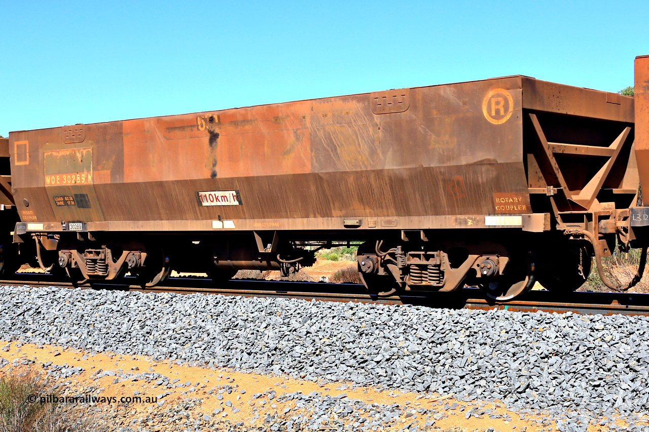240328 2956
WOE type iron ore waggon WOE 30289 is one of a batch of one hundred and thirty built by Goninan WA between March and August 2001 with serial number 950092-039 and fleet number 631, in Mineral Resources traffic 5040 empty Mount Walton iron ore train. March 28, 2024.
Keywords: WOE-type;WOE30289;Goninan-WA;950092-039;