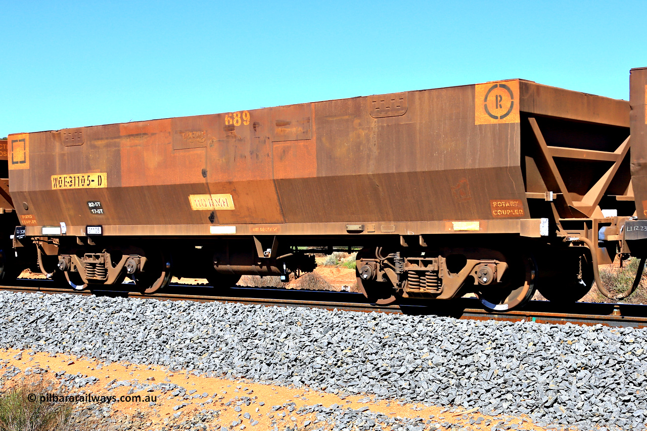 240328 2957
WOE type iron ore waggon WOE 31105 is one of a batch of one hundred and thirty built by Goninan WA between March and August 2001 with serial number 950092-095 and fleet number 689, in Mineral Resources traffic 5040 empty Mount Walton iron ore train. March 28, 2024.
Keywords: WOE-type;WOE31105;Goninan-WA;950092-095;