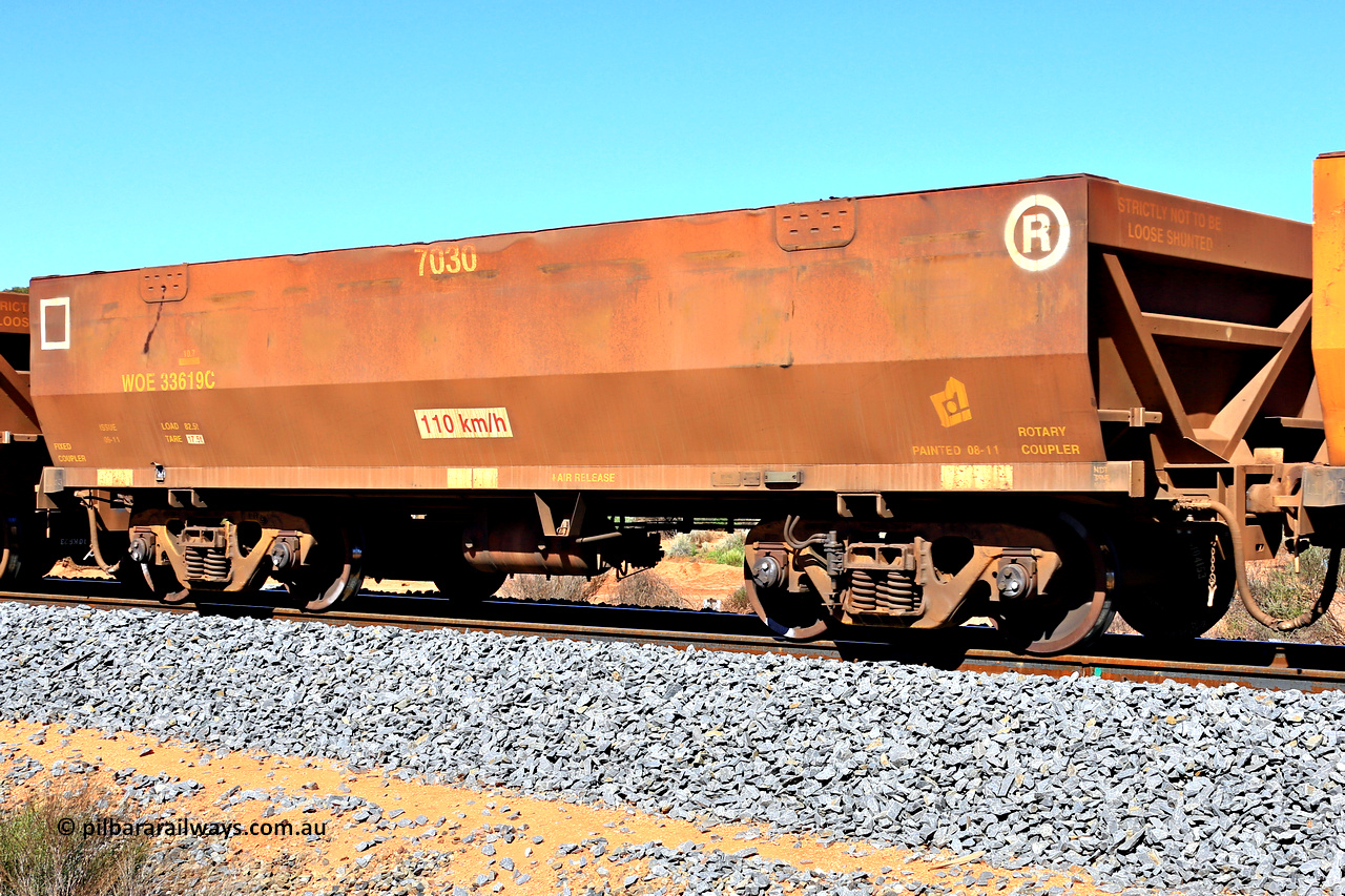 240328 2959
WOE type iron ore waggon WOE 33619 is from a batch of two hundred and twenty seven built by UGL Rail WA between from 08-2011 and 02-2012 of the current style of 82.5 tonne load capacity WOE class waggons with fleet number 7030, in Mineral Resources traffic 5040 empty Mount Walton iron ore train. March 28, 2024.
Keywords: WOE-type;WOE33619;UGL-Rail-WA;R0067-031;