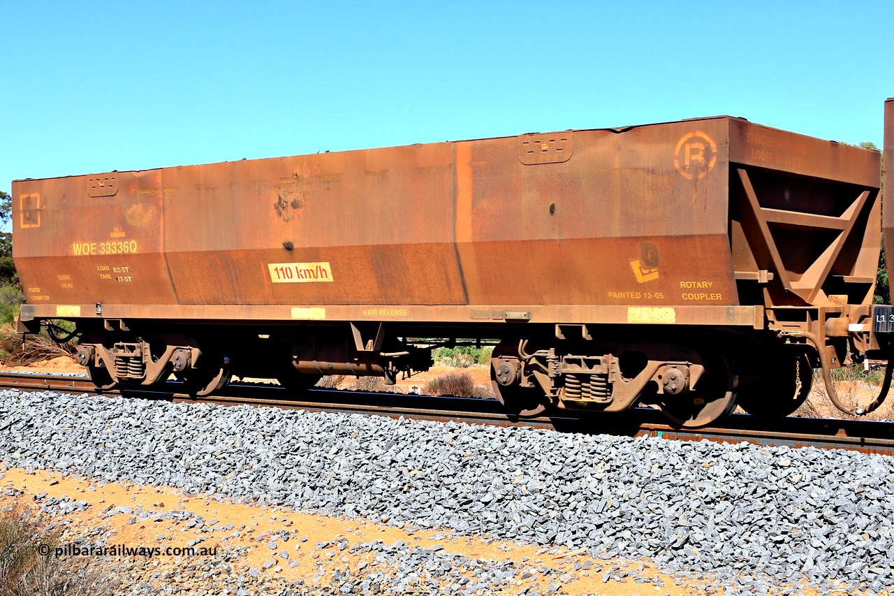240328 2962
WOE type iron ore waggon WOE 33336 is one of a batch of one hundred and forty one built by United Goninan WA between November 2005 and April 2006 with serial number 950142-041 and fleet number 835, in Mineral Resources traffic 5040 empty Mount Walton iron ore train. March 28, 2024.
Keywords: WOE-type;WOE33336;United-Goninan-WA;950142-041;