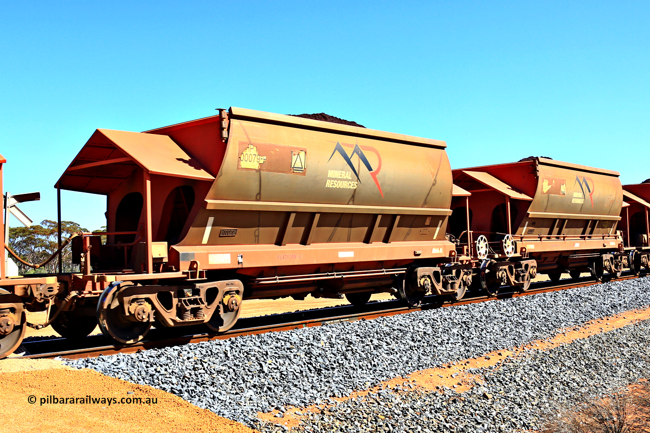 240328 2985
Loaded Koolyanobbing iron ore train 5041 with Mineral Resources Ltd MHPY type iron ore waggons MHPY 00079 and MHPY 00080 built by CSR Yangtze Co China with serial numbers 2014 / 382-79 and 2014 / 382-80 in 2014 as a batch of 382 pairs, these bottom discharge hopper waggons are operated in 'married' pairs. March 28, 2024.
Keywords: MHPY-type;MHPY00079;2014/382-79;MHPY00080;2014/382-80;CSR-Yangtze-Rolling-Stock-Co-China;