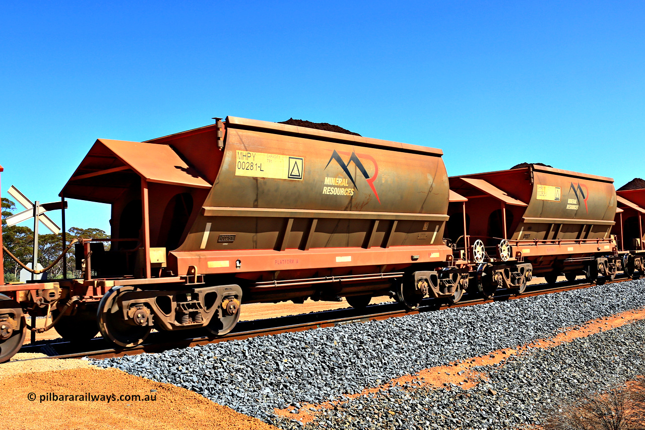 240328 2986
Loaded Koolyanobbing iron ore train 5041 with Mineral Resources Ltd MHPY type iron ore waggons MHPY 00281 and MHPY 00282 built by CSR Yangtze Co China with serial numbers 2014 / 382-281 and 2014 / 382-282 in 2014 as a batch of 382 pairs, these bottom discharge hopper waggons are operated in 'married' pairs. March 28, 2024.
Keywords: MHPY-type;MHPY00281;2014/382-281;MHPY00282;2014/382-282;CSR-Yangtze-Rolling-Stock-Co-China;