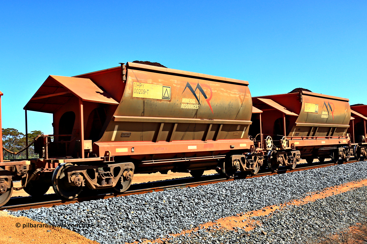 240328 2988
Loaded Koolyanobbing iron ore train 5041 with Mineral Resources Ltd MHPY type iron ore waggons MHPY 00209 and MHPY 00210 built by CSR Yangtze Co China with serial numbers 2014 / 382-209 and 2014 / 382-210 in 2014 as a batch of 382 pairs, these bottom discharge hopper waggons are operated in 'married' pairs. March 28, 2024.
Keywords: MHPY-type;MHPY00209;2014/382-209;MHPY00210;2014/382-210;CSR-Yangtze-Rolling-Stock-Co-China;