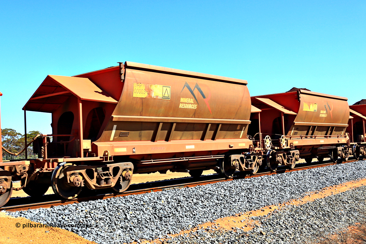 240328 2989
Loaded Koolyanobbing iron ore train 5041 with Mineral Resources Ltd MHPY type iron ore waggons MHPY 00003 and MHPY 00004 built by CSR Yangtze Co China with serial numbers 2014 / 382-3 and 2014 / 382-4 in 2014 as a batch of 382 pairs, these bottom discharge hopper waggons are operated in 'married' pairs. March 28, 2024.
Keywords: MHPY-type;MHPY00003;2014/382-3;MHPY00004;2014/382-4;CSR-Yangtze-Rolling-Stock-Co-China;