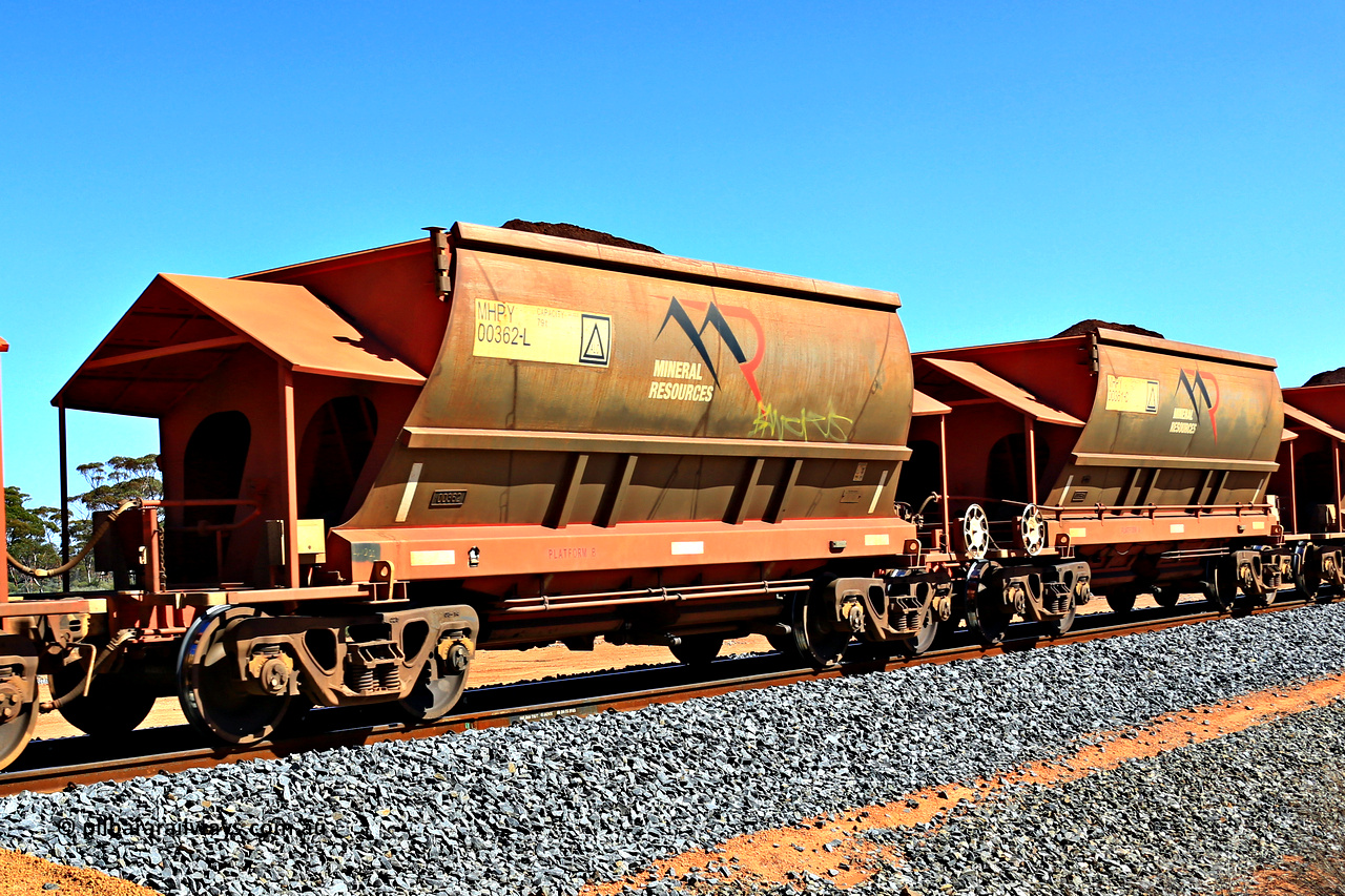 240328 2990
Loaded Koolyanobbing iron ore train 5041 with Mineral Resources Ltd MHPY type iron ore waggons MHPY 00362 and MHPY 00361 built by CSR Yangtze Co China with serial numbers 2014 / 382-362 and 2014 / 382-361 in 2014 as a batch of 382 pairs, these bottom discharge hopper waggons are operated in 'married' pairs. March 28, 2024.
Keywords: MHPY-type;MHPY00362;2014/382-362;MHPY00361;2014/382-361;CSR-Yangtze-Rolling-Stock-Co-China;