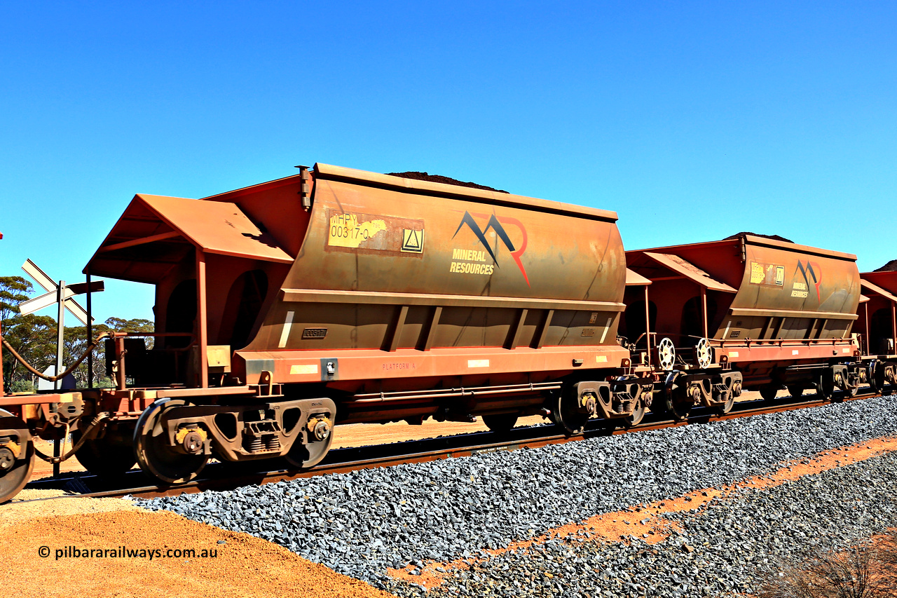 240328 2991
Loaded Koolyanobbing iron ore train 5041 with Mineral Resources Ltd MHPY type iron ore waggons MHPY 00317 and MHPY 00318 built by CSR Yangtze Co China with serial numbers 2014 / 382-317 and 2014 / 382-318 in 2014 as a batch of 382 pairs, these bottom discharge hopper waggons are operated in 'married' pairs. March 28, 2024.
Keywords: MHPY-type;MHPY00317;2014/382-317;MHPY00318;2014/382-318;CSR-Yangtze-Rolling-Stock-Co-China;