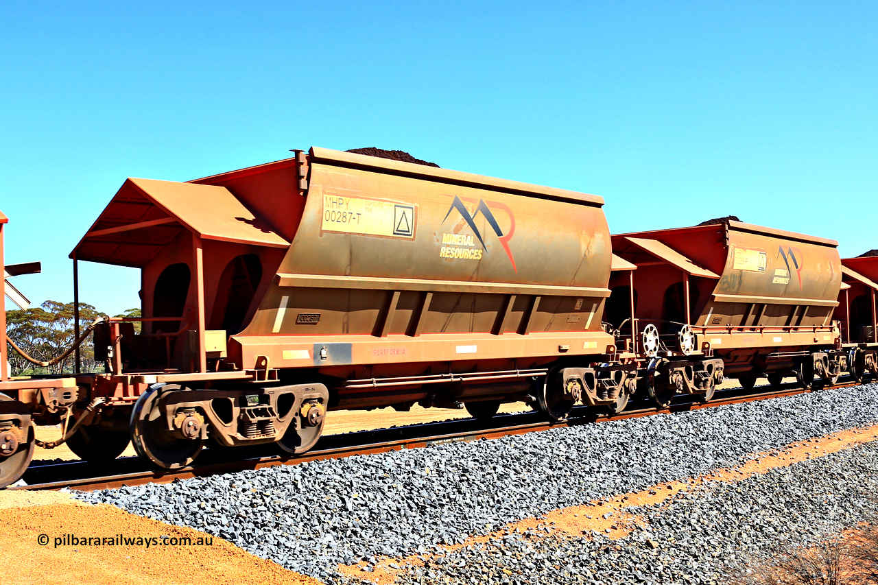 240328 2993
Loaded Koolyanobbing iron ore train 5041 with Mineral Resources Ltd MHPY type iron ore waggons MHPY 00287 and MHPY 00288 built by CSR Yangtze Co China with serial numbers 2014 / 382-287 and 2014 / 382-288 in 2014 as a batch of 382 pairs, these bottom discharge hopper waggons are operated in 'married' pairs. March 28, 2024.
Keywords: MHPY-type;MHPY00287;2014/382-287;MHPY00288;2014/382-288;CSR-Yangtze-Rolling-Stock-Co-China;
