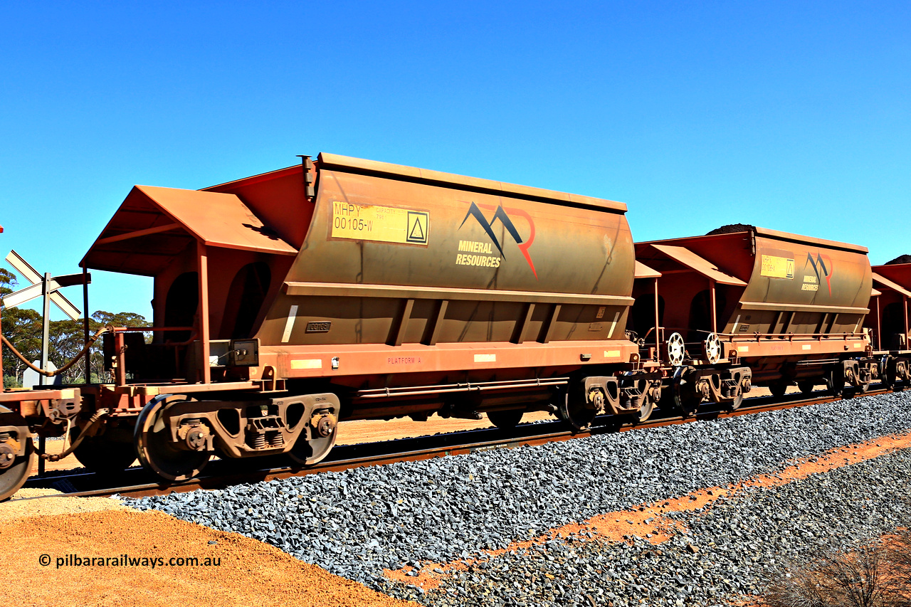 240328 2994
Loaded Koolyanobbing iron ore train 5041 with Mineral Resources Ltd MHPY type iron ore waggons MHPY 00105 and MHPY 00106 built by CSR Yangtze Co China with serial numbers 2014 / 382-105 and 2014 / 382-106 in 2014 as a batch of 382 pairs, these bottom discharge hopper waggons are operated in 'married' pairs. March 28, 2024.
Keywords: MHPY-type;MHPY00105;2014/382-105;MHPY00106;2014/382-106;CSR-Yangtze-Rolling-Stock-Co-China;