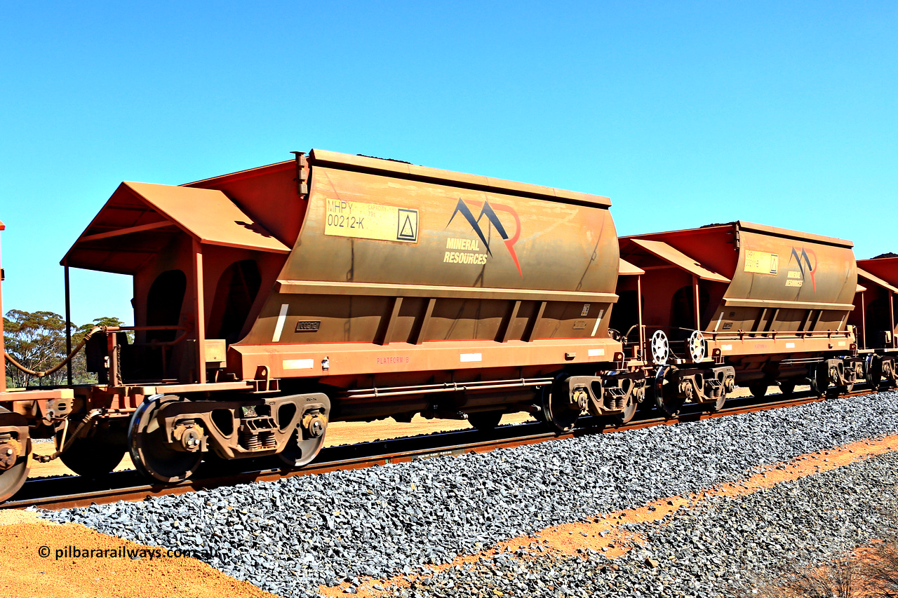 240328 2995
Loaded Koolyanobbing iron ore train 5041 with Mineral Resources Ltd MHPY type iron ore waggons MHPY 00212 and MHPY 00211 built by CSR Yangtze Co China with serial numbers 2014 / 382-212 and 2014 / 382-211 in 2014 as a batch of 382 pairs, these bottom discharge hopper waggons are operated in 'married' pairs. March 28, 2024.
Keywords: MHPY-type;MHPY00212;2014/382-212;MHPY00211;2014/382-211;CSR-Yangtze-Rolling-Stock-Co-China;