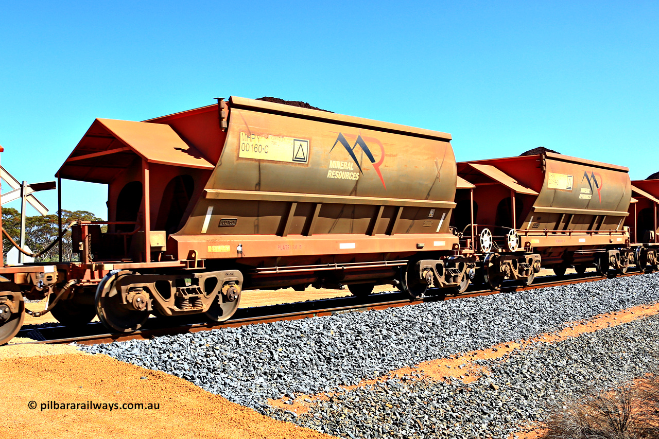 240328 3002
Loaded Koolyanobbing iron ore train 5041 with Mineral Resources Ltd MHPY type iron ore waggons MHPY 00160 and MHPY 00159 built by CSR Yangtze Co China with serial numbers 2014 / 382-160 and 2014 / 382-159 in 2014 as a batch of 382 pairs, these bottom discharge hopper waggons are operated in 'married' pairs. March 28, 2024.
Keywords: MHPY-type;MHPY00160;2014/382-160;MHPY00159;2014/382-159;CSR-Yangtze-Rolling-Stock-Co-China;
