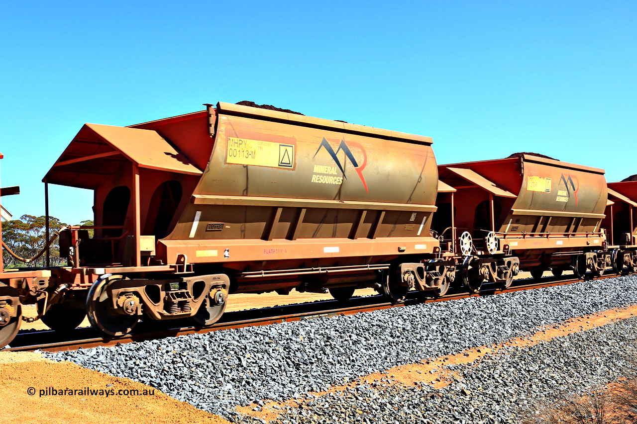 240328 3003
Loaded Koolyanobbing iron ore train 5041 with Mineral Resources Ltd MHPY type iron ore waggons MHPY 00113 and MHPY 00270 built by CSR Yangtze Co China with serial numbers 2014 / 382-113 and 2014 / 382-270 in 2014 as a batch of 382 pairs, these bottom discharge hopper waggons are operated in 'married' pairs. March 28, 2024.
Keywords: MHPY-type;MHPY00113;2014/382-113;MHPY00270;2014/382-270;CSR-Yangtze-Rolling-Stock-Co-China;