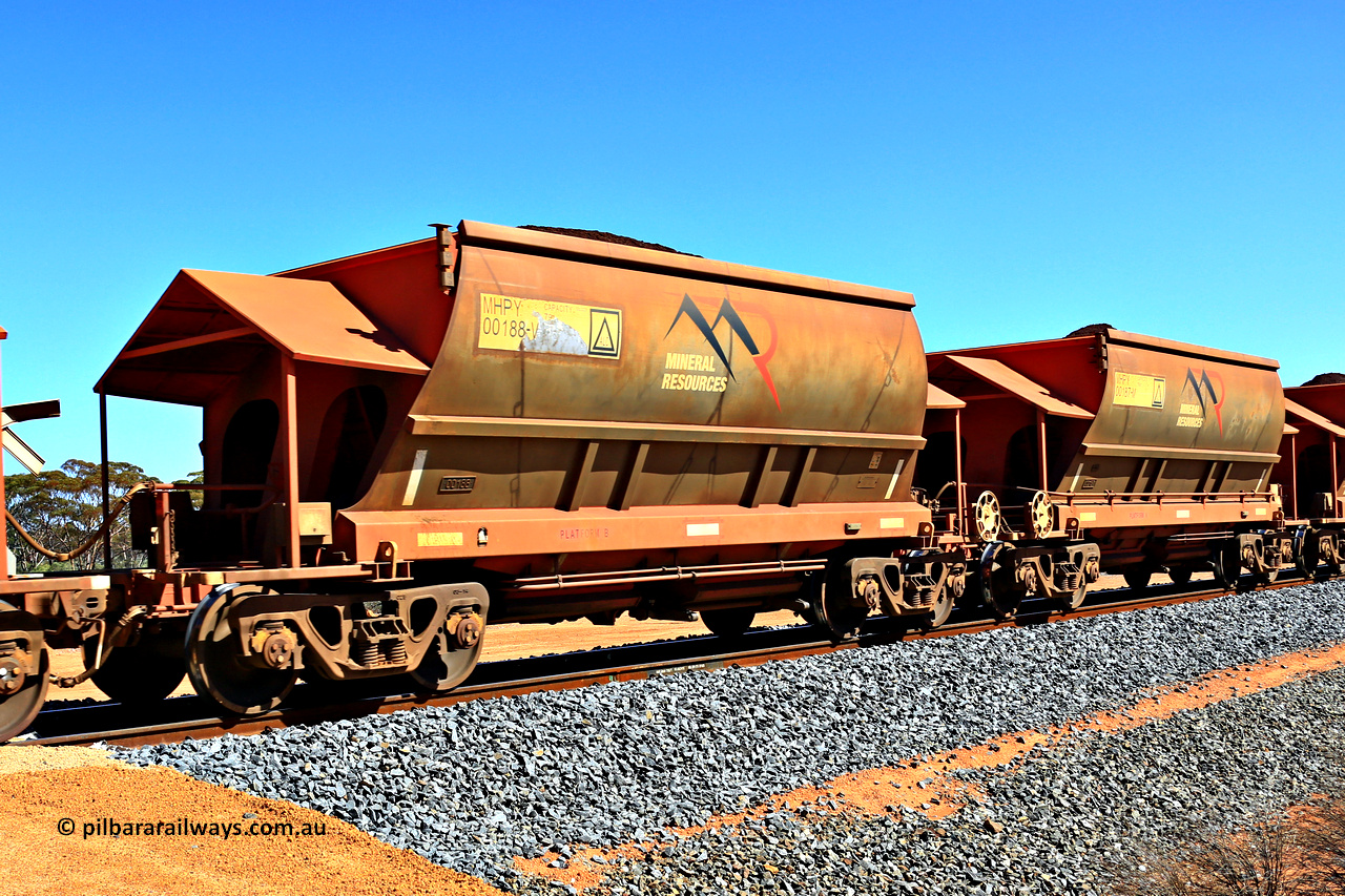 240328 3004
Loaded Koolyanobbing iron ore train 5041 with Mineral Resources Ltd MHPY type iron ore waggons MHPY 00188 and MHPY 00187 built by CSR Yangtze Co China with serial numbers 2014 / 382-188 and 2014 / 382-187 in 2014 as a batch of 382 pairs, these bottom discharge hopper waggons are operated in 'married' pairs. March 28, 2024.
Keywords: MHPY-type;MHPY00188;2014/382-188;MHPY00187;2014/382-187;CSR-Yangtze-Rolling-Stock-Co-China;