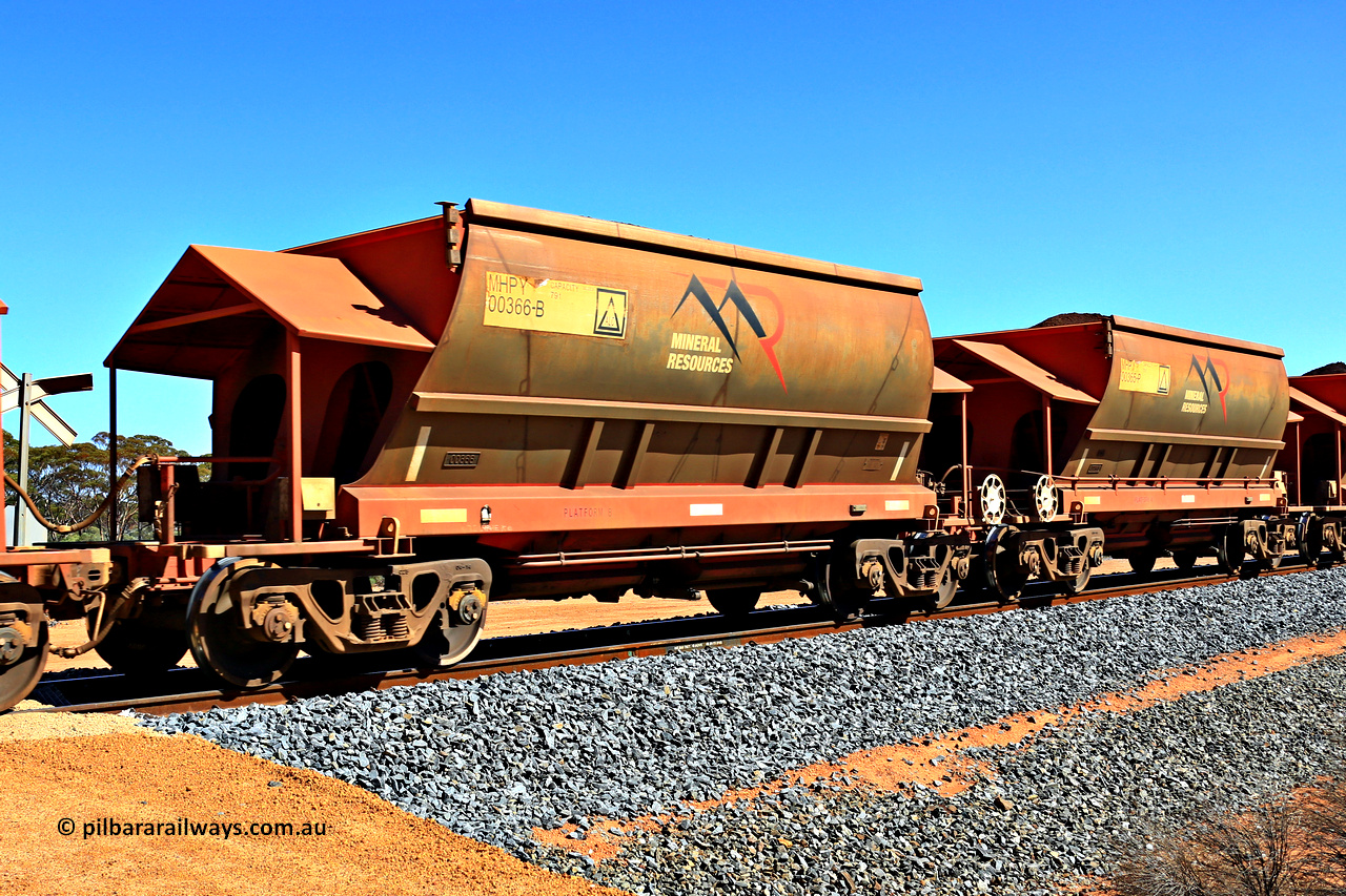 240328 3006
Loaded Koolyanobbing iron ore train 5041 with Mineral Resources Ltd MHPY type iron ore waggons MHPY 00366 and MHPY 00365 built by CSR Yangtze Co China with serial numbers 2014 / 382-366 and 2014 / 382-365 in 2014 as a batch of 382 pairs, these bottom discharge hopper waggons are operated in 'married' pairs. March 28, 2024.
Keywords: MHPY-type;MHPY00366;2014/382-366;MHPY00365;2014/382-365;CSR-Yangtze-Rolling-Stock-Co-China;