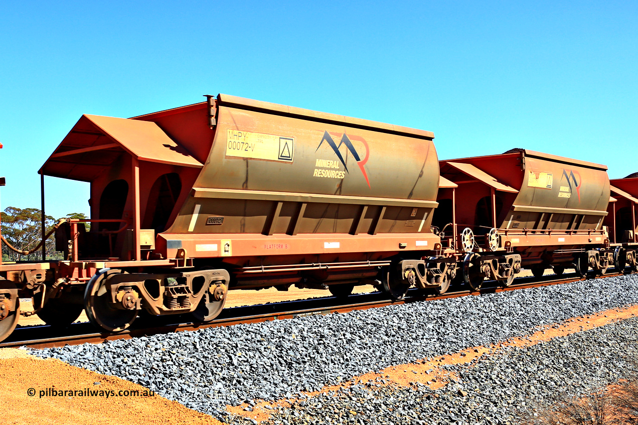 240328 3015
Loaded Koolyanobbing iron ore train 5041 with Mineral Resources Ltd MHPY type iron ore waggons MHPY 00072 and MHPY 00071 built by CSR Yangtze Co China with serial numbers 2014 / 382-72 and 2014 / 382-71 in 2014 as a batch of 382 pairs, these bottom discharge hopper waggons are operated in 'married' pairs. March 28, 2024.
Keywords: MHPY-type;MHPY00072;2014/382-72;MHPY00071;2014/382-71;CSR-Yangtze-Rolling-Stock-Co-China;