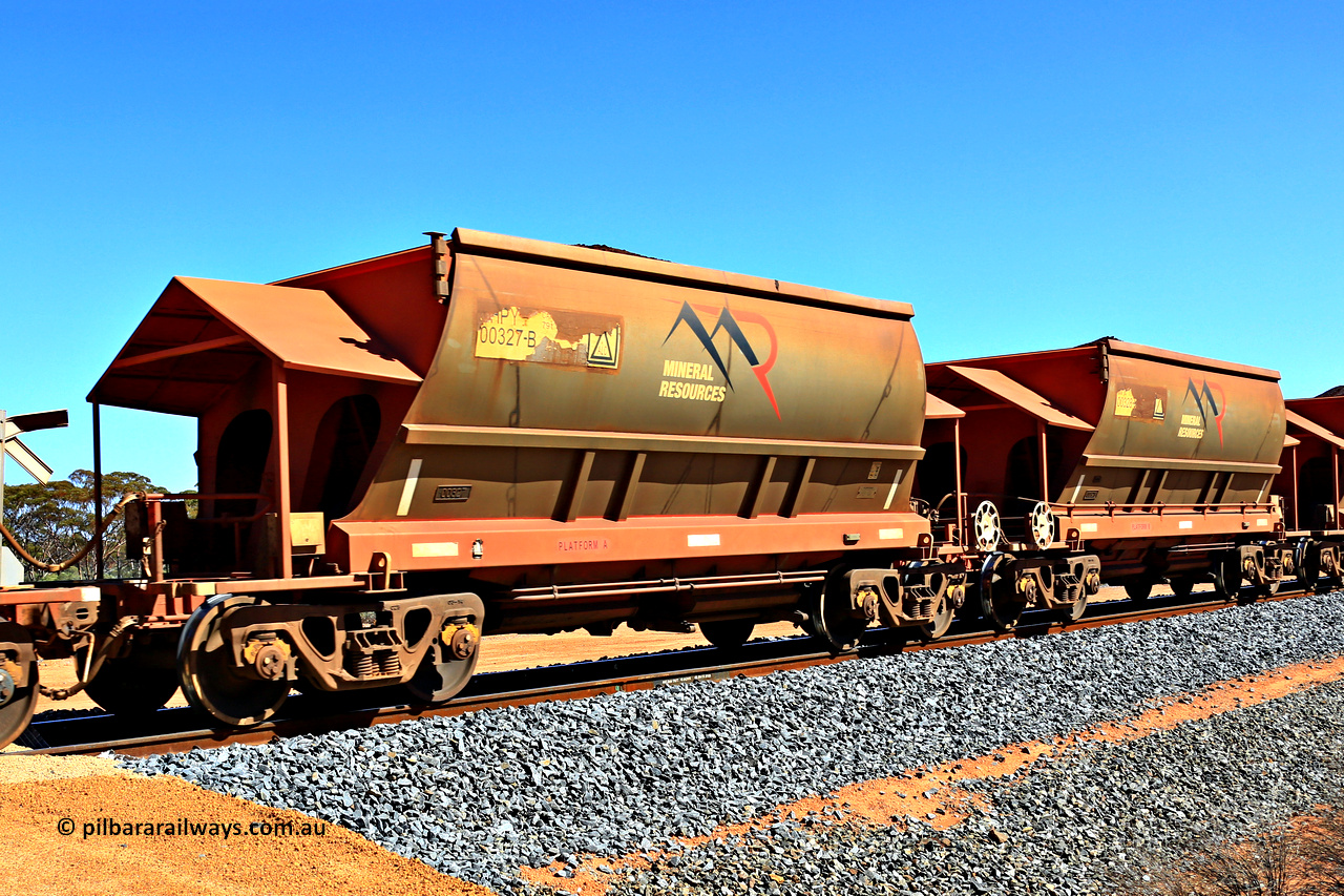 240328 3018
Loaded Koolyanobbing iron ore train 5041 with Mineral Resources Ltd MHPY type iron ore waggons MHPY 00327 and MHPY 00328 built by CSR Yangtze Co China with serial numbers 2014 / 382-327 and 2014 / 382-328 in 2014 as a batch of 382 pairs, these bottom discharge hopper waggons are operated in 'married' pairs. March 28, 2024.
Keywords: MHPY-type;MHPY00327;2014/382-327;MHPY00328;2014/382-328;CSR-Yangtze-Rolling-Stock-Co-China;