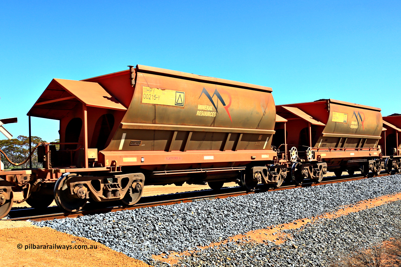 240328 3020
Loaded Koolyanobbing iron ore train 5041 with Mineral Resources Ltd MHPY type iron ore waggons MHPY 00215 and MHPY 00216 built by CSR Yangtze Co China with serial numbers 2014 / 382-215 and 2014 / 382-216 in 2014 as a batch of 382 pairs, these bottom discharge hopper waggons are operated in 'married' pairs. March 28, 2024.
Keywords: MHPY-type;MHPY00215;2014/382-215;MHPY00216;2014/382-216;CSR-Yangtze-Rolling-Stock-Co-China;