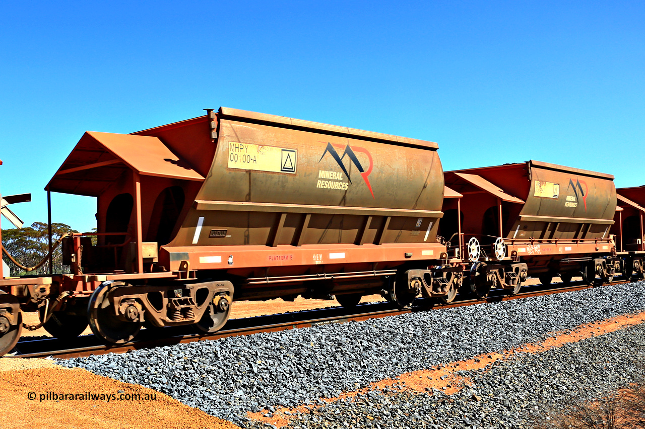 240328 3024
Loaded Koolyanobbing iron ore train 5041 with Mineral Resources Ltd MHPY type iron ore waggons MHPY 00100 and MHPY 00099 built by CSR Yangtze Co China with serial numbers 2014 / 382-100 and 2014 / 382-99 in 2014 as a batch of 382 pairs, these bottom discharge hopper waggons are operated in 'married' pairs. March 28, 2024.
Keywords: MHPY-type;MHPY00100;2014/382-100;MHPY00099;2014/382-99;CSR-Yangtze-Rolling-Stock-Co-China;