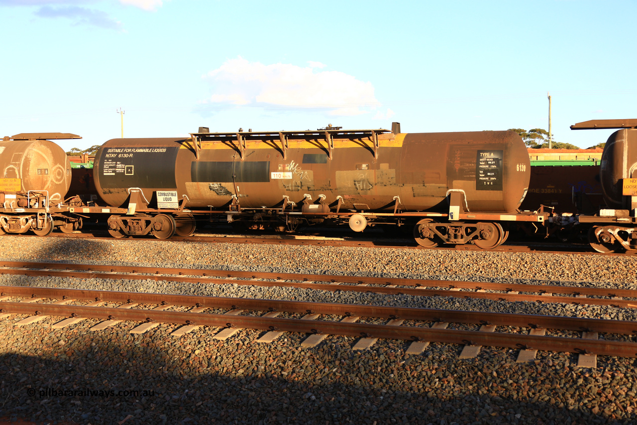 240328 3183
West Kalgoorlie, Viva Energy's NTAY type fuel tank waggon NTAY 6130, built by Indeng Qld 1979 for Shell as type SCA 281, later NTAF 281, normal E type couplers. Pacific National empty fuel train 5445 to Esperance. March 28, 2024.
Keywords: NTAY-type;NTAY6130;Indeng-Qld;SCA-type;SCA281;
