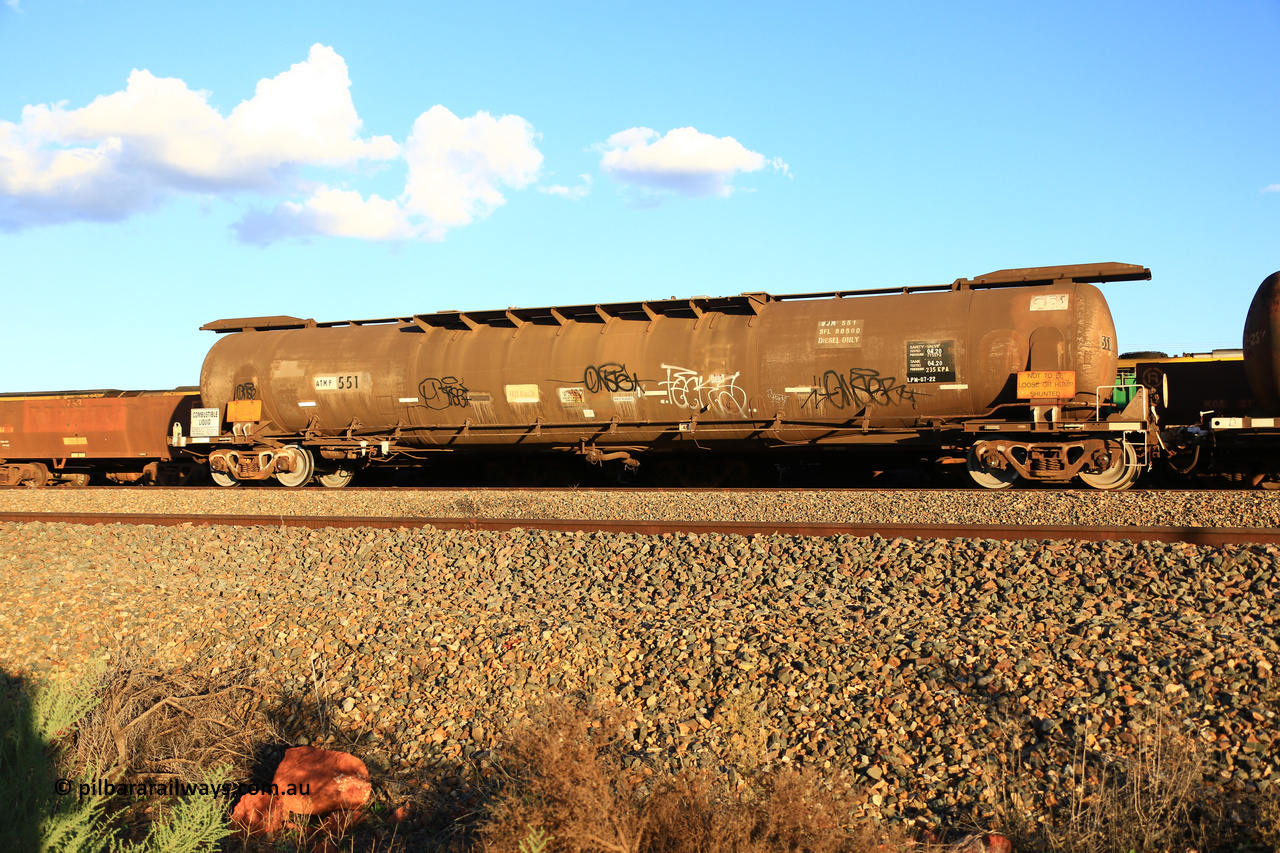 240328 3202
West Kalgoorlie, Viva Energy's ATMF type fuel tank waggon ATMF 551 is one of three built by Tulloch Limited NSW as the WJM type in 1971 with a capacity of 96,250 litres with one compartment and one dome, current Safe Fill Level [SFL] capacity of 80,500 litres, fitted with type E coupler. WJM's 551 and 552 built for Shell and 553 built for BP Oil. Pacific National's 5445 empty fuel train to Esperance. March 28.2024.
Keywords: ATMF-type;ATMF551;Tulloch-Ltd-NSW;WJM-type;
