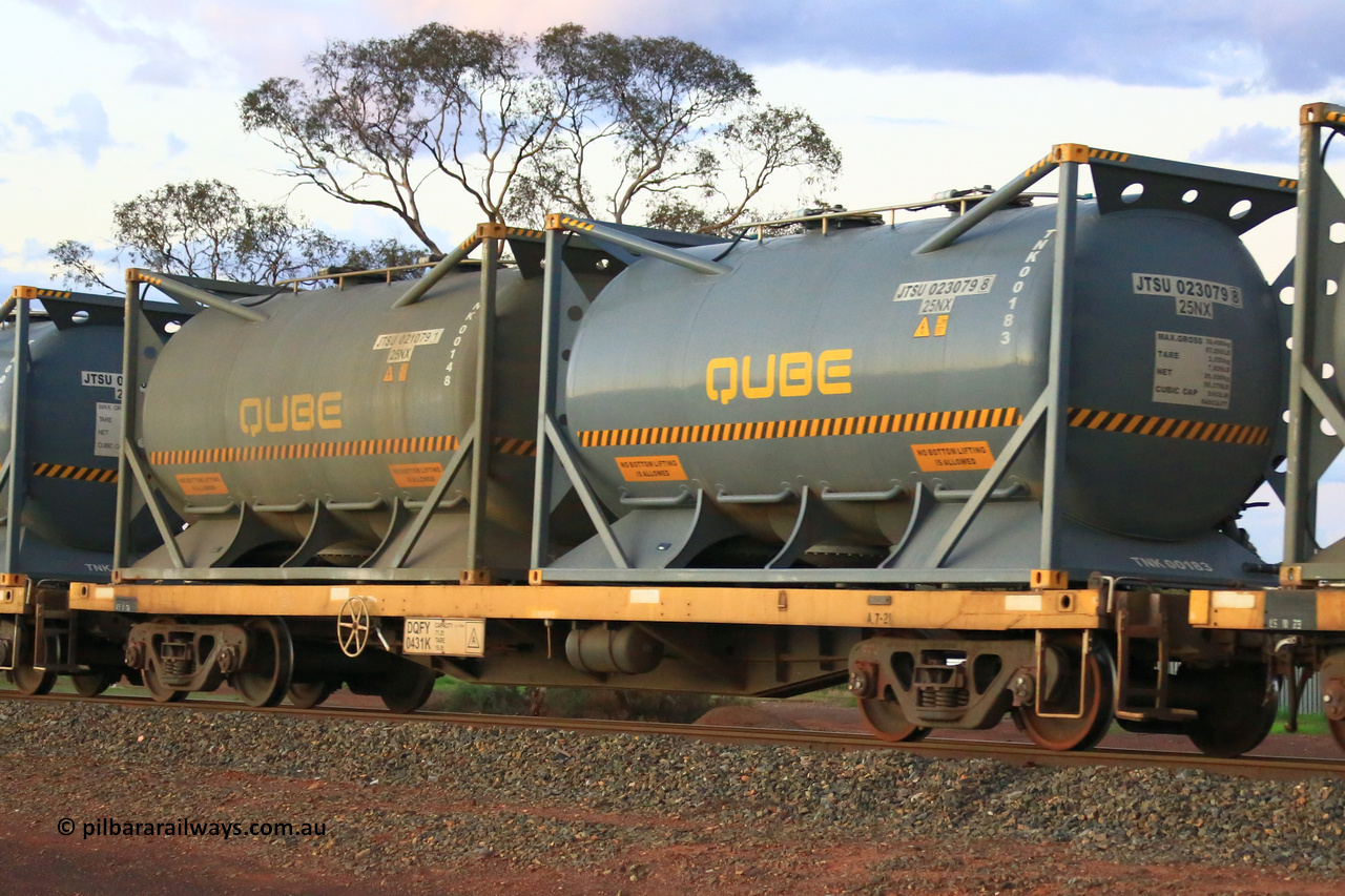 240328 3215
Lamington, on the outskirts of Kalgoorlie, 5472 nickel train from Leonora with Watco DQFY type container waggon DQFY 0431, Watco purchased twenty-nine CQFY waggons from CFCLA which were modified from Comeng NSW built BDX open waggons by ANI-Bradken NSW in 2001, carrying position 1 JTSU 023079[8] 20' 25NX type tank for Qube TNK00183, position 2 JTSU 021079[1] 20' 25NX type tank for Qube TNK00148. March 28, 2024.
Keywords: DQFY-type;DQFY0431;ANI-Bradken-NSW;CQFY-type;Comeng-NSW;BDX-type;