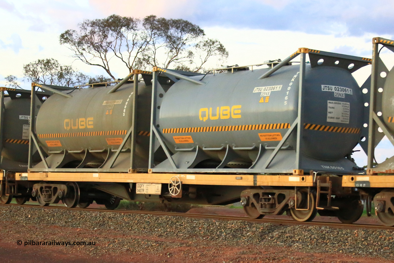 240328 3217
Lamington, on the outskirts of Kalgoorlie, 5472 nickel train from Leonora with Watco DQFY type container waggon DQFY 0407, Watco purchased twenty-nine CQFY waggons from CFCLA which were modified from Comeng NSW built BDX open waggons by ANI-Bradken NSW in 2001, carrying position 1 JTSU 023061[1] 20' 25NX type tank for Qube TNK00165, position 2 JTSU 021996[8] 20' 25NX type tank for Qube TNK00065. March 28, 2024.
Keywords: DQFY-type;DQFY0407;ANI-Bradken-NSW;CQFY-type;Comeng-NSW;BDX-type;