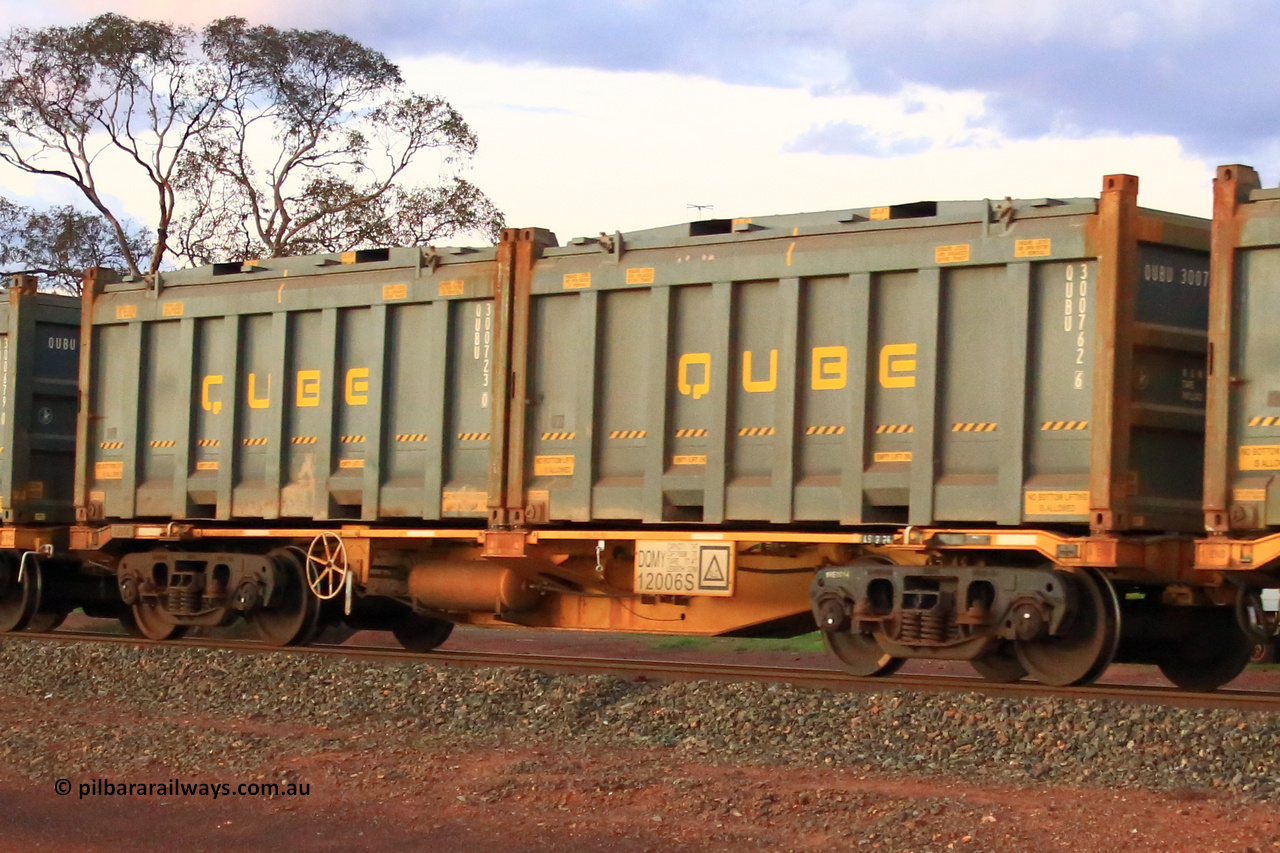 240328 3222
Lamington, on the outskirts of Kalgoorlie, 5472 nickel train from Leonora with Watco DQMY type container waggon DQMY 12006, these two pack bar coupled waggon pairs were built in 2022 by CRRC, China for Watco in a batch of thirty-seven, carrying position 1 QUBU 300762[6] 20' Qube half height rotatable container, position 2 QUBU 300723[0] 20' Qube half height rotatable container. March 28, 2024.
Keywords: DQMY-type;DQMY12006;CRRC-China;CQMY-type;