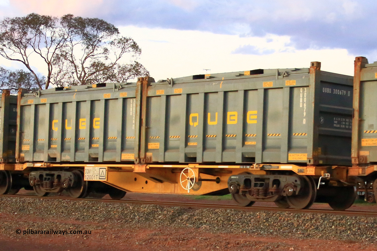 240328 3223
Lamington, on the outskirts of Kalgoorlie, 5472 nickel train from Leonora with Watco DQMY type container waggon DQMY 12001, these two pack bar coupled waggon pairs were built in 2022 by CRRC, China for Watco in a batch of thirty-seven, carrying position 1 QUBU 300679[0] 20' Qube half height rotatable container, position 2 QUBU 300726[7] 20' Qube half height rotatable container. March 28, 2024.
Keywords: DQMY-type;DQMY12001;CRRC-China;CQMY-type;