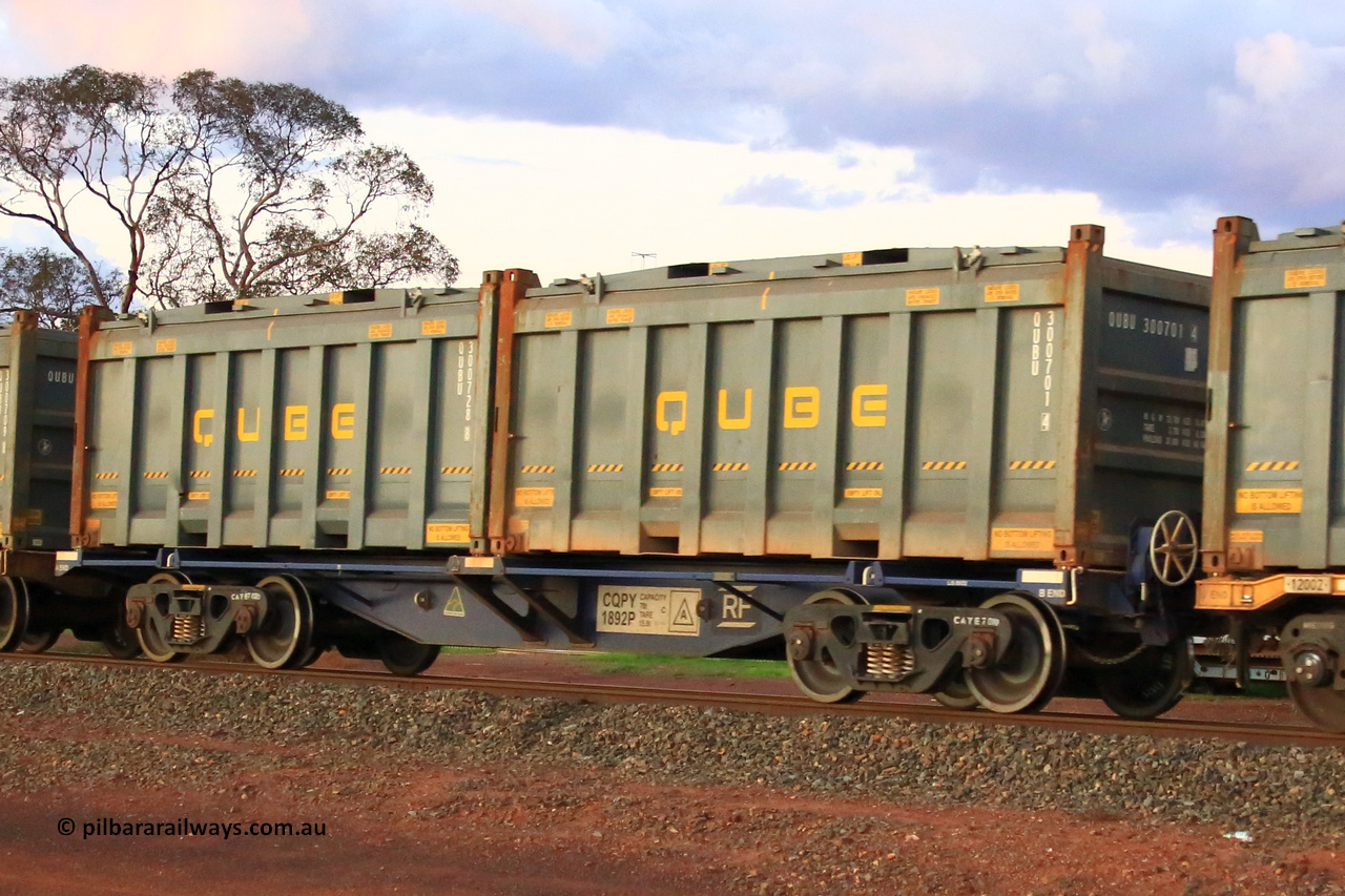 240328 3225
Lamington, on the outskirts of Kalgoorlie, 5472 nickel train from Leonora with Watco leased CQPY type container waggon CQPY 1892, the CQPY waggons were built new by Rail First for lease in a batch of two hundred at Islington Workshops in 2021 with fifty being leased to Watco, carrying position 1 QUBU 300701[4] 20' Qube half height rotatable container, position 2 QUBU 300728[8] 20' Qube half height rotatable container. March 28, 2024.
Keywords: CQPY-type;CQPY1892;Rail-First-Islington-WS-SA;