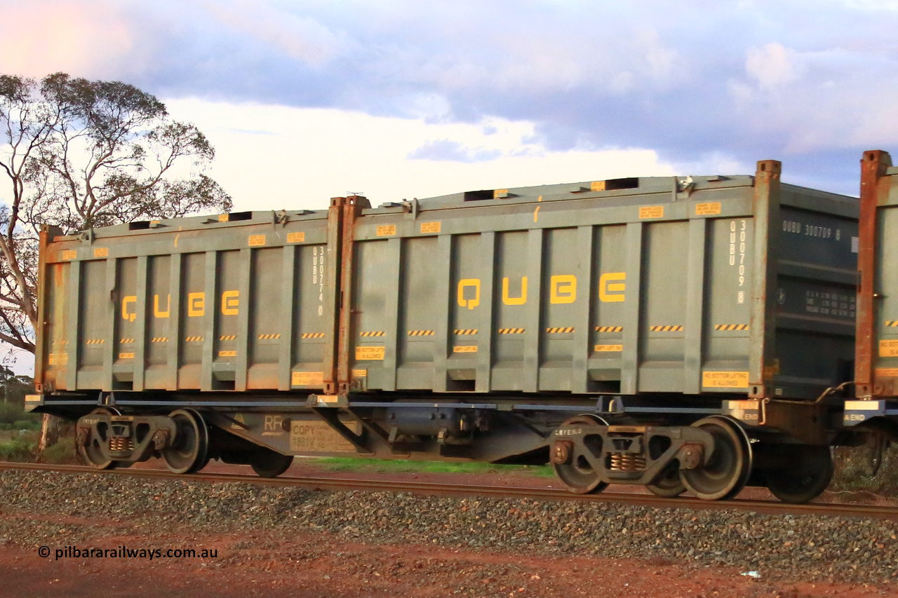 240328 3226
Lamington, on the outskirts of Kalgoorlie, 5472 nickel train from Leonora with Watco leased CQPY type container waggon CQPY 1881, the CQPY waggons were built new by Rail First for lease in a batch of two hundred at Islington Workshops in 2021 with fifty being leased to Watco, carrying position 1 QUBU 300709[8] 20' Qube half height rotatable container, position 2 QUBU 300774[0] 20' Qube half height rotatable container. March 28, 2024.
Keywords: CQPY-type;CQPY1881;Rail-First-Islington-WS-SA;