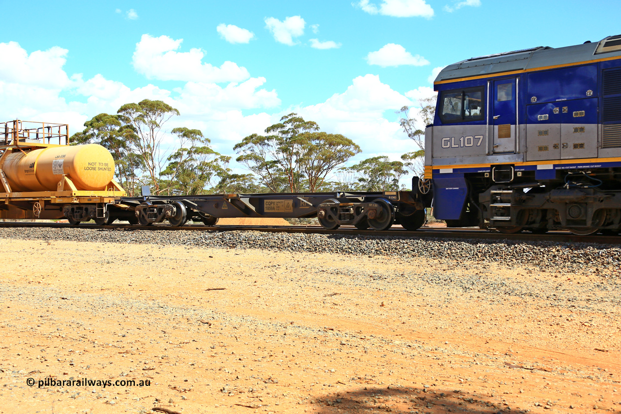 240328 3102
Hampton Ballast Siding, Watco operated loaded acid transfer train 5WS4 from the smelter at Hampton to the sidings here. CQPY type 40' container waggon CQPY 1859 is one of two hundred built by Rail First at their Islington workshops, SA in 2021-2023. In use here as a safety waggon. March 28, 2024.
Keywords: CQPY-type;CQPY1859;Rail-First-Islington-WS-SA;