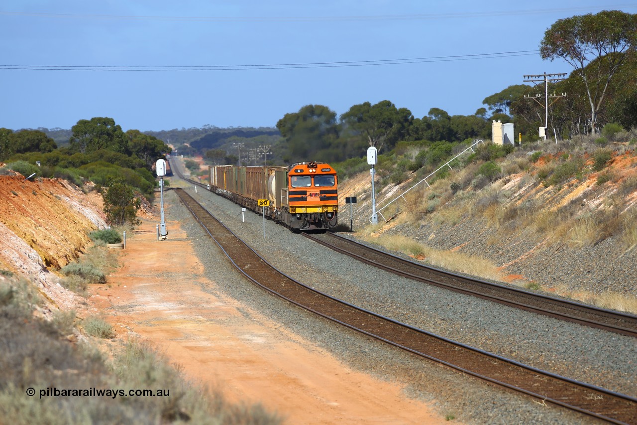 161112 2975
Binduli, loaded Malcolm sulphur train 6029 runs through the dip behind Clyde Engineering built EMD model GT46C Q class unit Q 4009, (originally Q 309) serial 97-1462 as it passes signals 4 and 6 on approach to West Kalgoorlie.
Keywords: Q-class;Q4009;Clyde-Engineering-Forrestfield-WA;EMD;GT46C;97-1461;Q309;