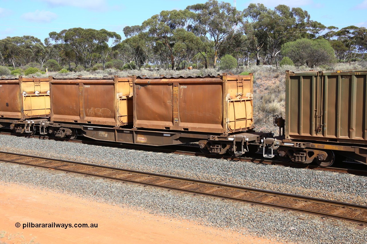 161112 2988
West Kalgoorlie, loaded Malcolm sulphur train 6029, AQNY type waggon AQNY 32162 one of sixty two waggons built by Goninan WA in 1998 as WQN type for Murrin Murrin container traffic with two original style sulphur containers S151G G943 and S54D G822 both with the siding tarpaulins and walking man logos.
Keywords: AQNY-type;AQNY32162;Goninan-WA;WQN-type;