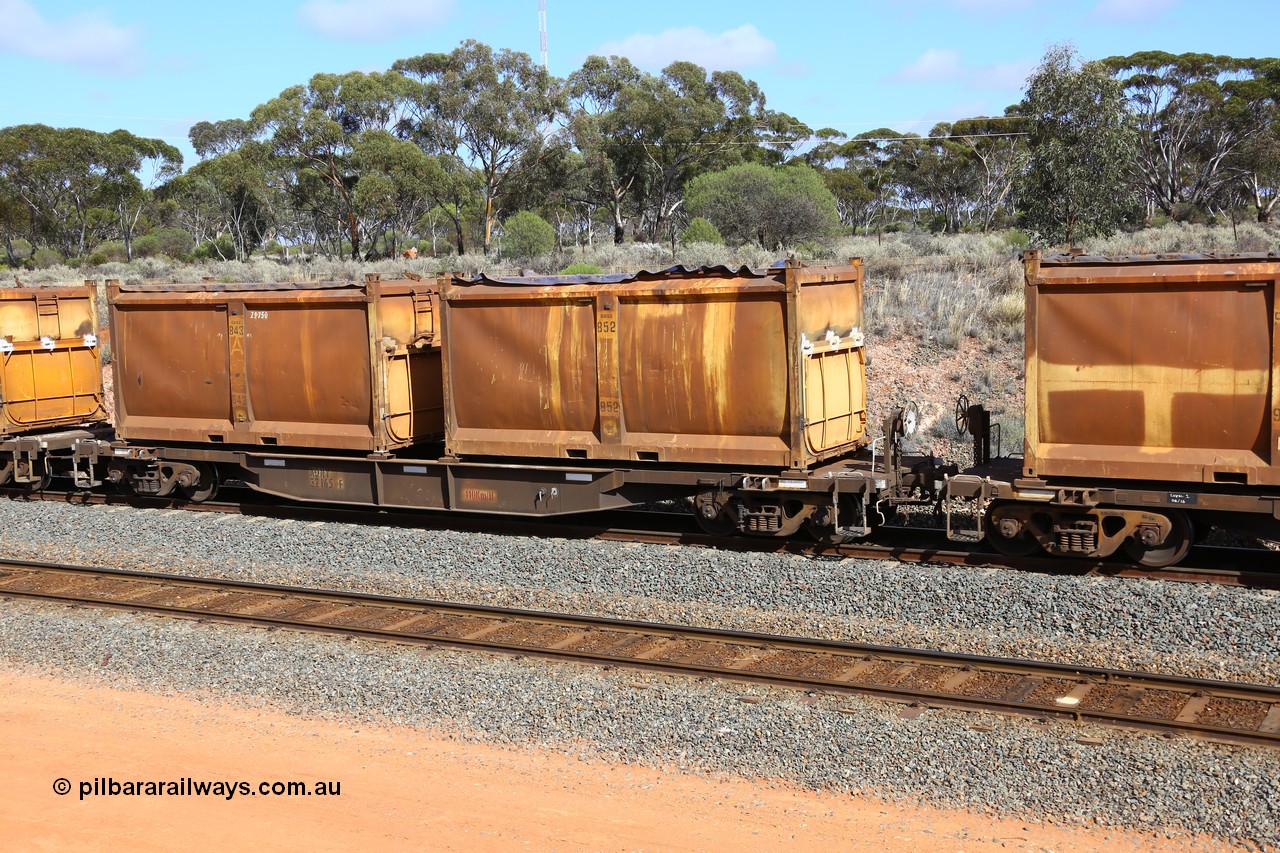 161112 2992
West Kalgoorlie, loaded Malcolm sulphur train 6029, AQNY type waggon AQNY 32165 one of sixty two waggons built by Goninan WA in 1998 as WQN type for Murrin Murrin container traffic with two original style sulphur containers S34K G852 and S94M G843 both with the siding tarpaulins.
Keywords: AQNY-type;AQNY32165;Goninan-WA;WQN-type;