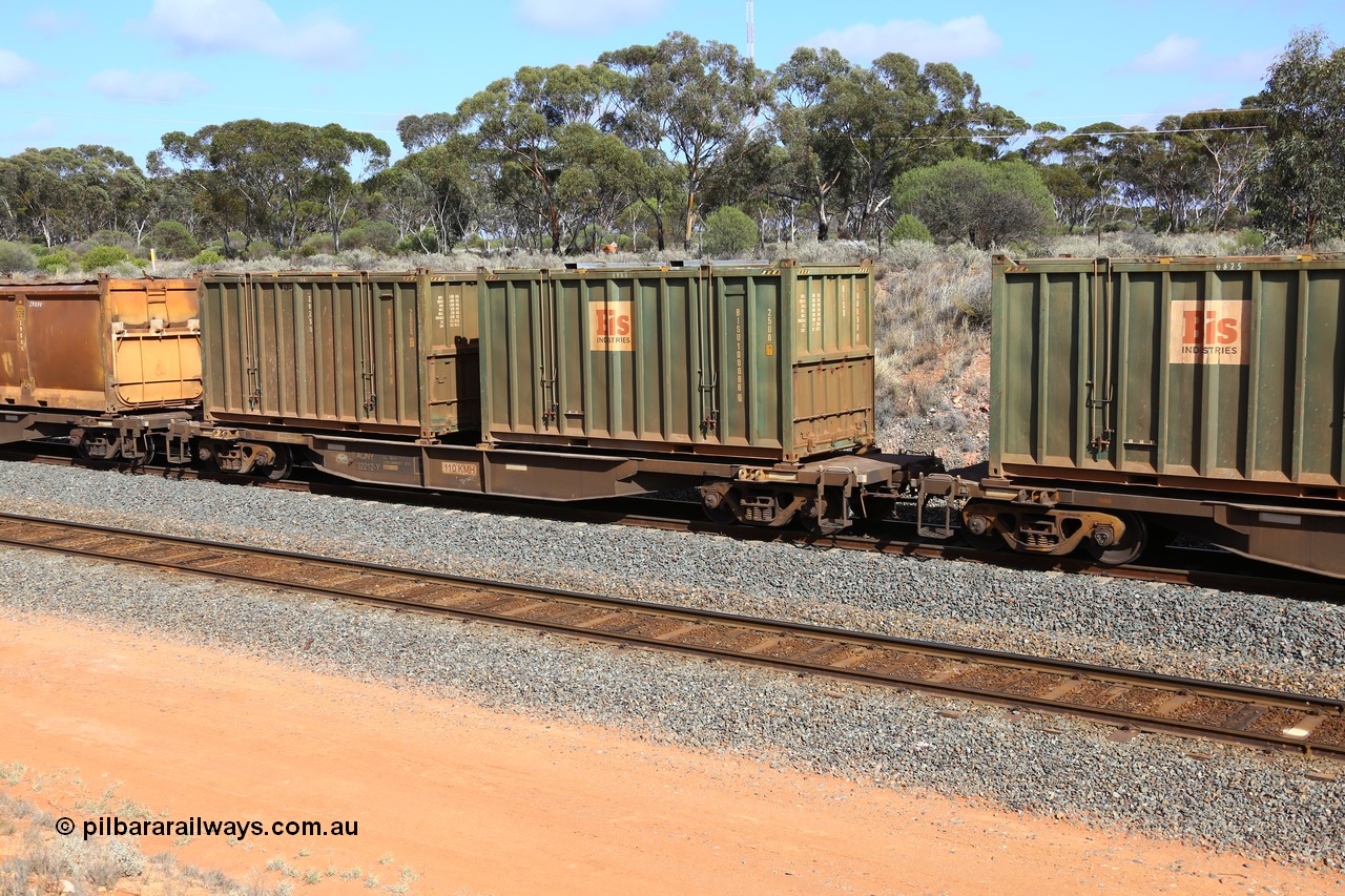 161112 2995
West Kalgoorlie, loaded Malcolm sulphur train 6029, AQNY type waggon AQNY 32212, final member of sixty two waggons built by Goninan WA in 1998 as WQN type for Murrin Murrin container traffic with a pair of Bis Industries hard-top type 25U0 containers BISU 100096 and un-decaled BISU 100019.
Keywords: AQNY-type;AQNY32212;Goninan-WA;WQN-type;