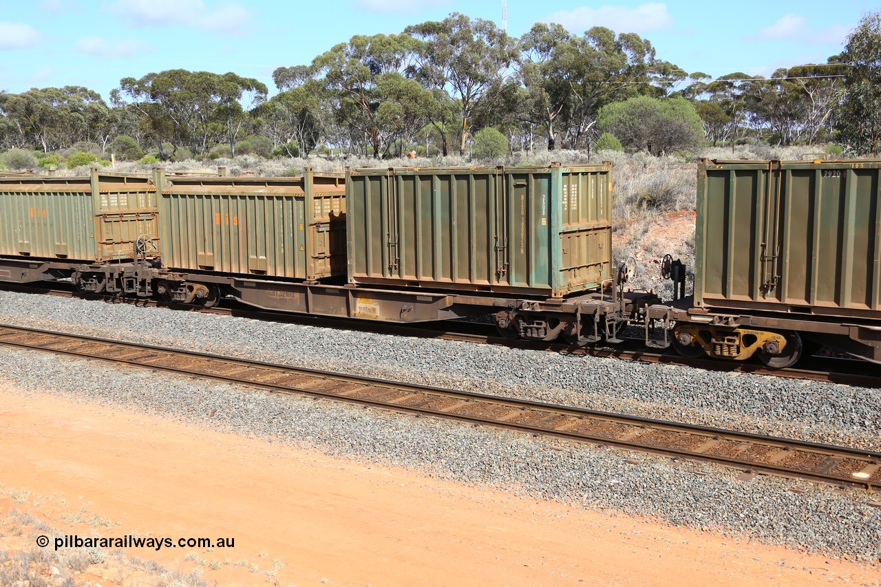 161112 2997
West Kalgoorlie, loaded Malcolm sulphur train 6029, AQNY type waggon AQNY 32192 one of sixty two waggons built by Goninan WA in 1998 as WQN type for Murrin Murrin container traffic with an un-decaled hard-top type 25U0 container BISU 100023 and Bis Industries roll-top type 55UA container SBIU 200616.
Keywords: AQNY-type;AQNY32192;Goninan-WA;WQN-type;