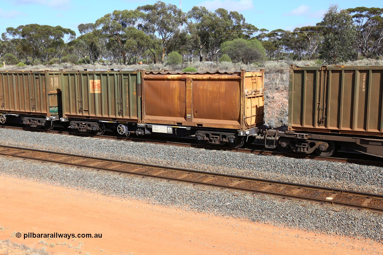 161112 2999
West Kalgoorlie, loaded Malcolm sulphur train 6029, CQZY type waggon CQZY 1690, built by CIMC at Dalian China for CFCLA and one of fifteen on lease to Aurizon with original style sulphur container S7N G836 with sliding tarpaulin and Bis Industries hard-top type 25U0 container BISU 100105.
Keywords: CQZY-type;CQZY1690;CIMC-Dalian-China;