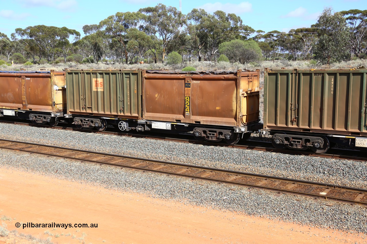 161112 3001
West Kalgoorlie, loaded Malcolm sulphur train 6029, CQZY type waggon CQZY 1624, built by CIMC at Dalian China for CFCLA and one of fifteen on lease to Aurizon with original style sulphur container S136M 924 with ratty sliding tarpaulin and Bis Industries hard-top type 25U0 container BISU 100101.
Keywords: CQZY-type;CQZY1624;CIMC-Dalian-China;