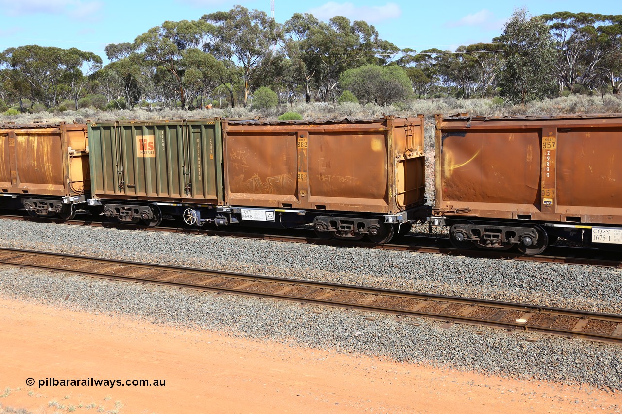 161112 3006
West Kalgoorlie, loaded Malcolm sulphur train 6029, CQZY type waggon CQZY 1669, built by CIMC at Dalian China for CFCLA and one of fifteen on lease to Aurizon with original style sulphur container with walking man logo and sliding tarpaulin S13N G982 and Bis Industries hard-top type 25U0 container BISU 100081.
Keywords: CQZY-type;CQZY1669;CIMC-Dalian-China;