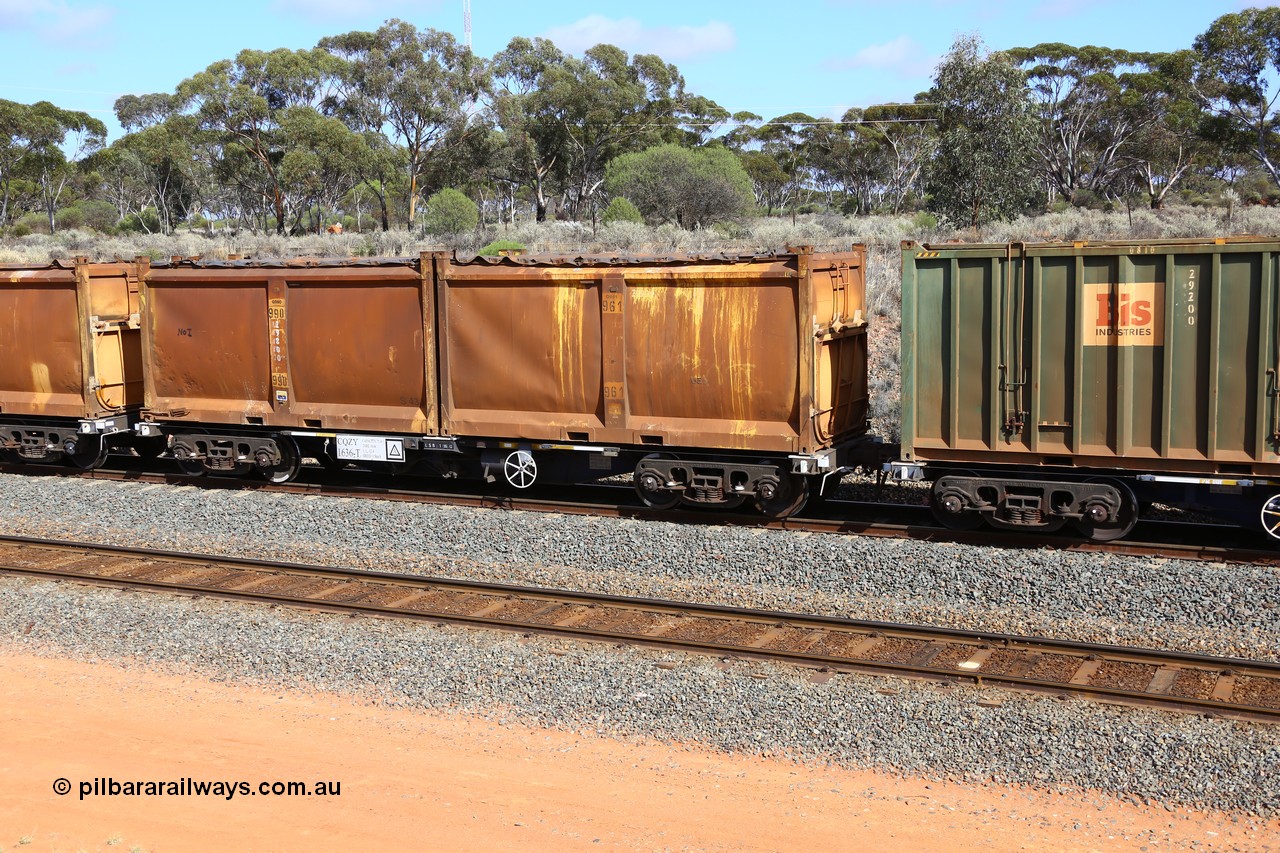 161112 3007
West Kalgoorlie, loaded Malcolm sulphur train 6029, CQZY type waggon CQZY 1636, built by CIMC at Dalian China for CFCLA and one of fifteen on lease to Aurizon with a pair of original style sulphur containers with sliding tarpaulins, S98C G961 and S43J G990.
Keywords: CQZY-type;CQZY1636;CIMC-Dalian-China;