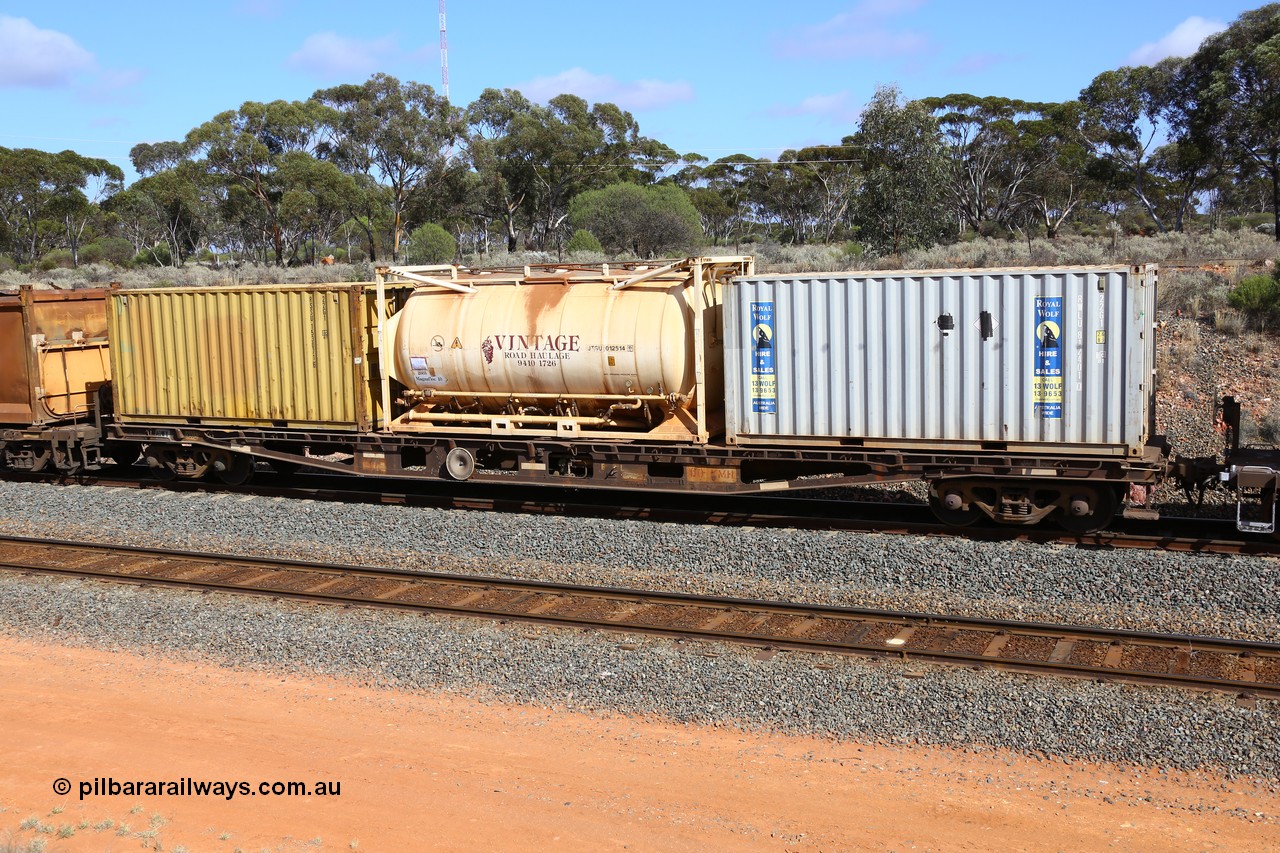 161112 3010
West Kalgoorlie, loaded Malcolm sulphur train 6029, AQWY type waggon AQWY 31002, one of eighteen WFA type container waggons built by Westrail Midland Workshops in 1981, recoded to WQCY in 1987, with two TEU 22G1 type containers RWLU 812401 and RSSU 153071 and a Jamieson built TEU tanktainer for Vintage Road Haulage with magnafloc, JTSU 012514.
Keywords: AQWY-type;AQWY31002;Westrail-Midland-WS;WFA-type;WQCY-type;AQCY-type;