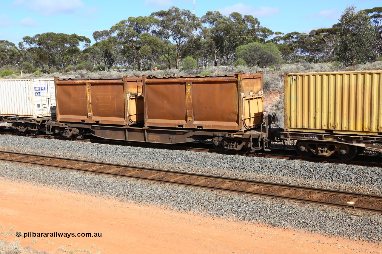 161112 3011
West Kalgoorlie, loaded Malcolm sulphur train 6029, AQNY type waggon AQNY 32154 one of sixty two waggons built by Goninan WA in 1998 as WQN type for Murrin Murrin container traffic with a pair of original style sulphur containers with sliding tarpaulins, S38A G830 and S154K G937.
Keywords: AQNY-type;AQNY32154;Goninan-WA;WQN-type;