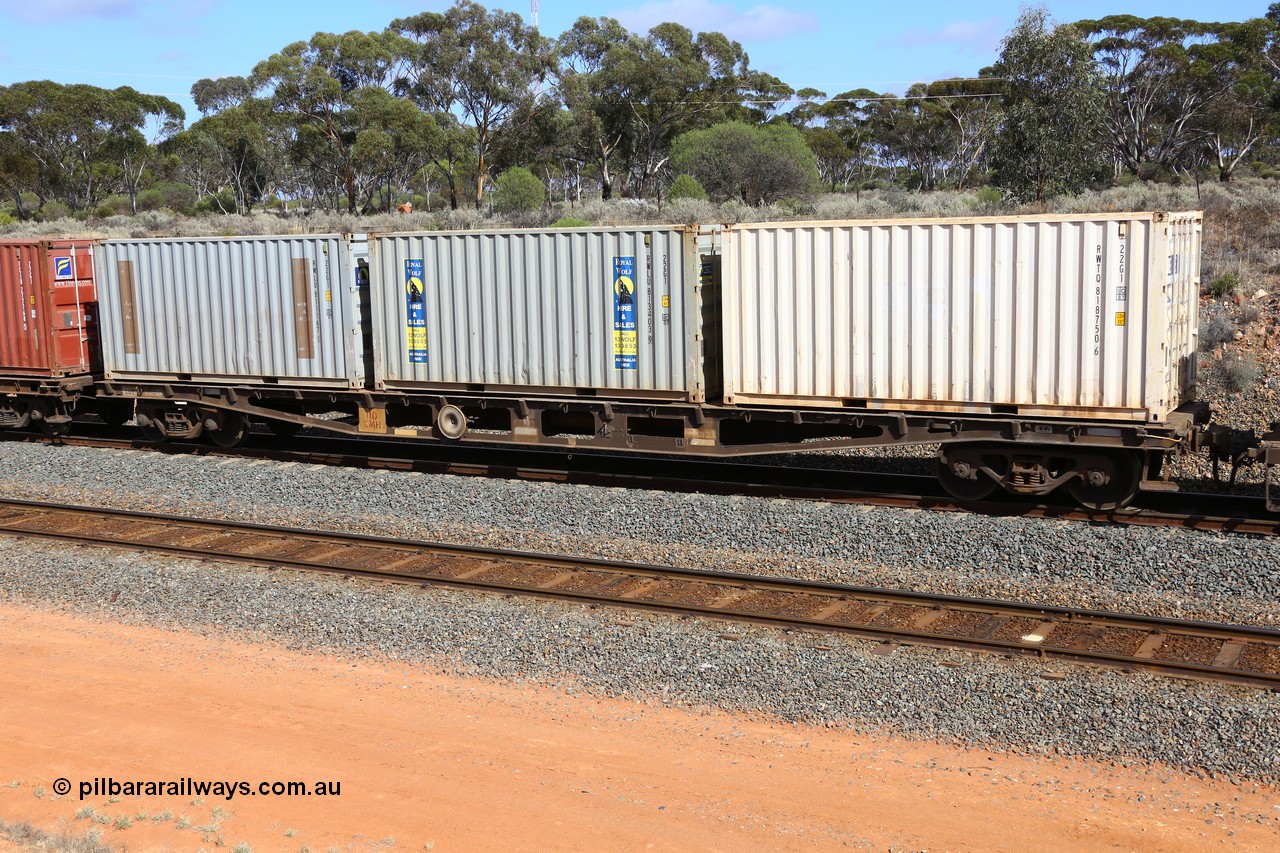 161112 3012
West Kalgoorlie, loaded Malcolm sulphur train 6029, AQWY type waggon AQWY 30435 container waggon originally one of one hundred and sixty one built by Tomlinson Steel in 1970 as WFX type, to WQCX in 1980, with three TEU 22G1 type containers, RWTQ 818750, RWLU 813403 and RWLU 811167.
Keywords: AQWY-type;AQWY30435;Tomlinson-Steel-WA;WFX-type;
